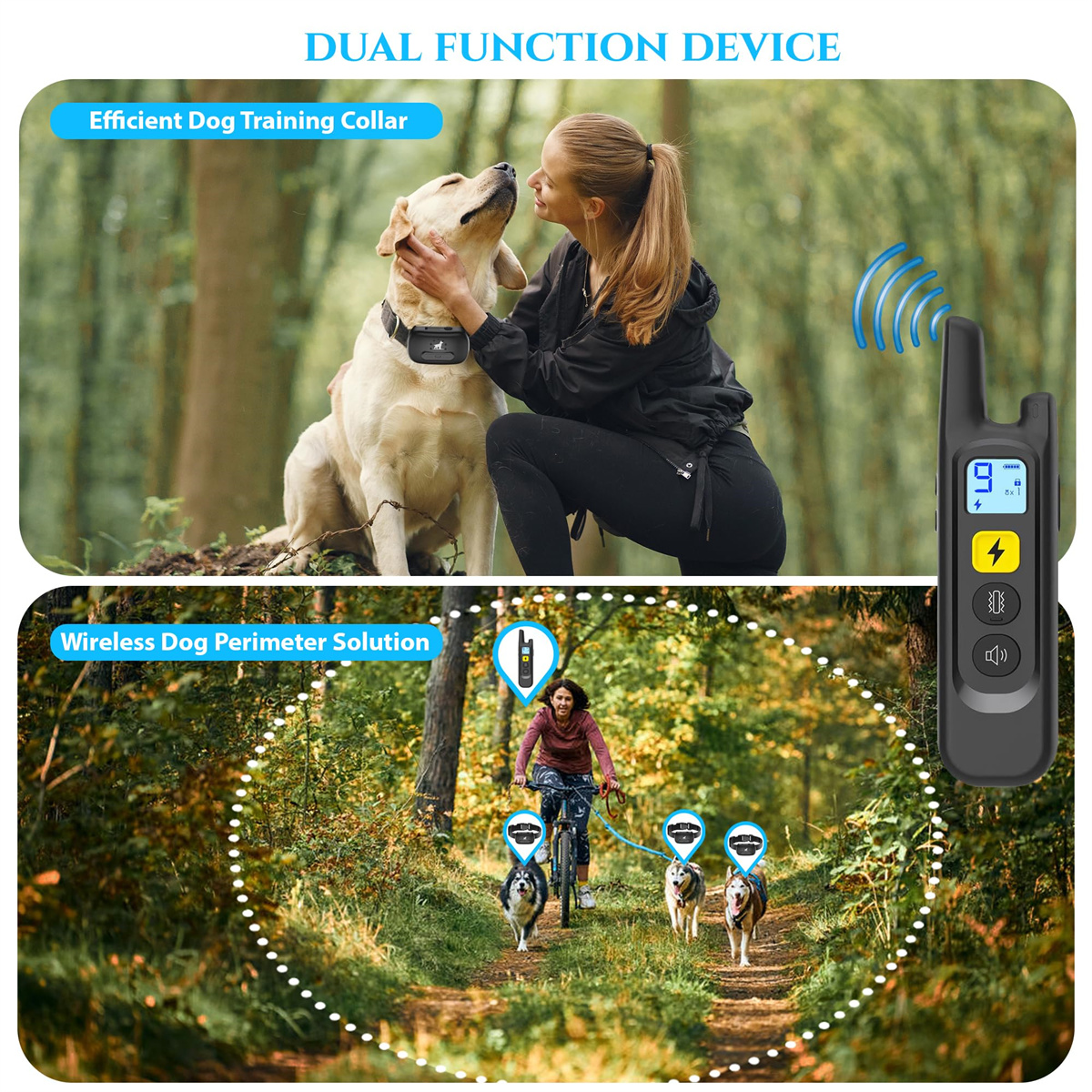 Hundetrainingshalsband mit Fernbedienung und Frau mit Hund. Kabellose Hundezaun-Lösung.