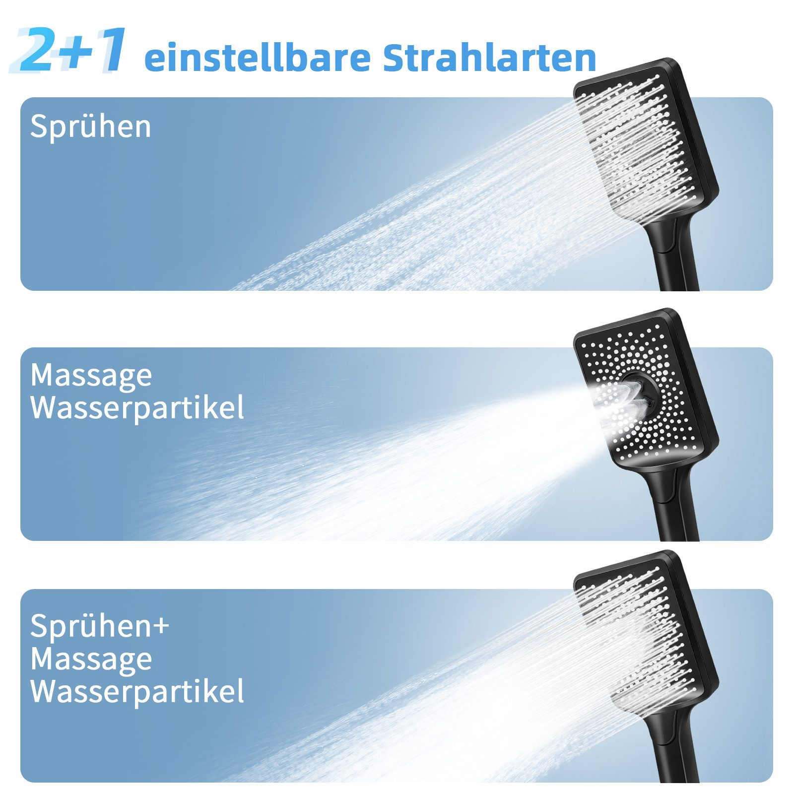 Drei Duschkopf-Sprühbilder: Sprühen, Massieren und Sprühen+Massieren werden mit Wasserstrahlen gezeigt.