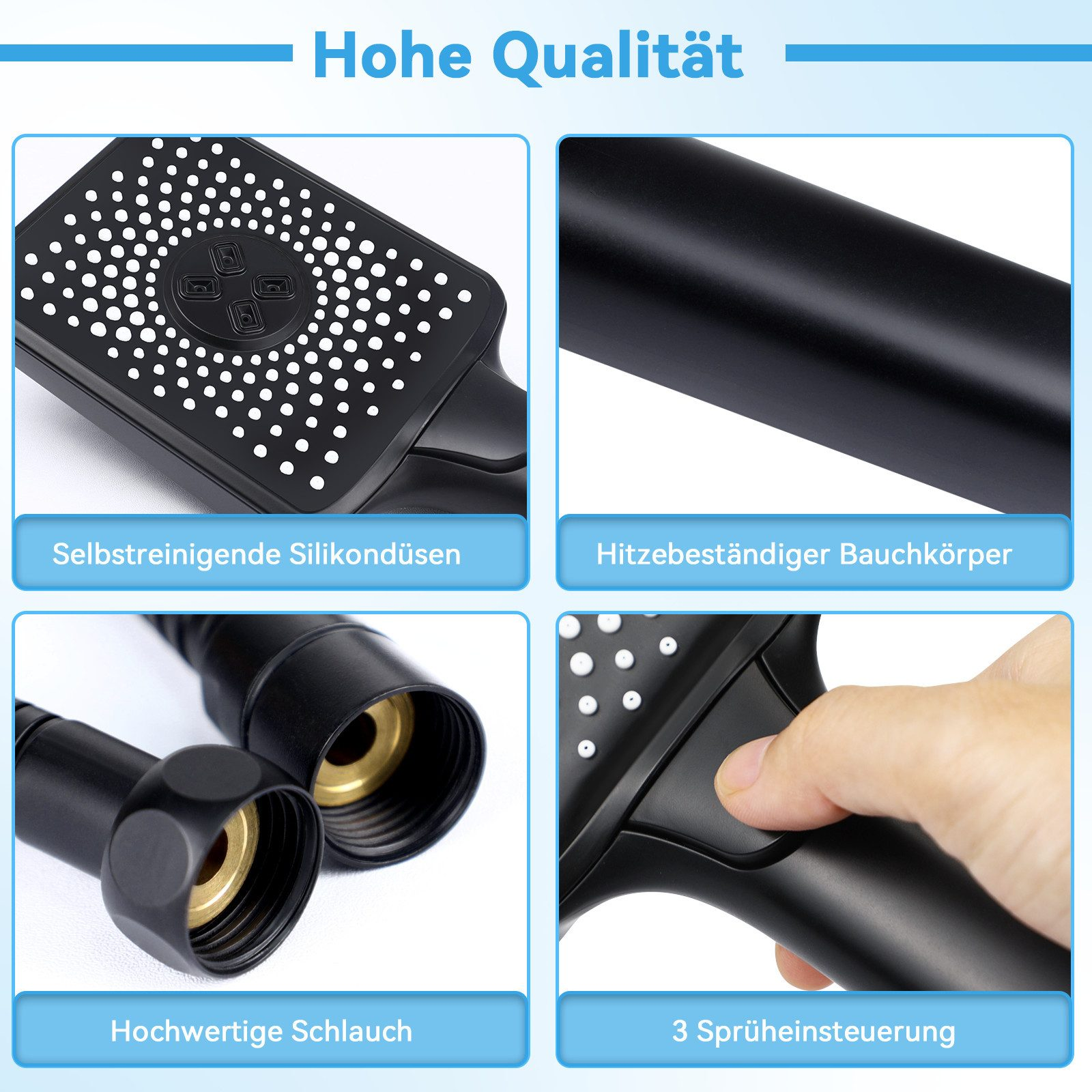 Vier Bilder eines Duschkopfes. Selbstreinigende Silikondüsen, hitzebeständiger Körper, Schlauch und 3 Sprühsteuerungen.