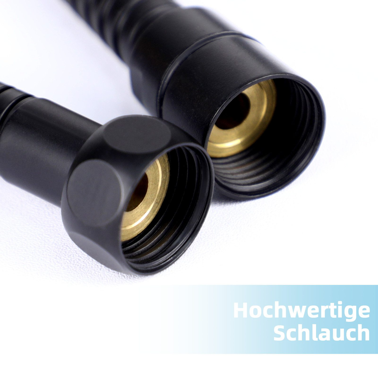 Nahaufnahme der Duschschlauchanschlüsse. Zwei schwarze Enden mit goldfarbenen Innenkomponenten sind abgebildet.
