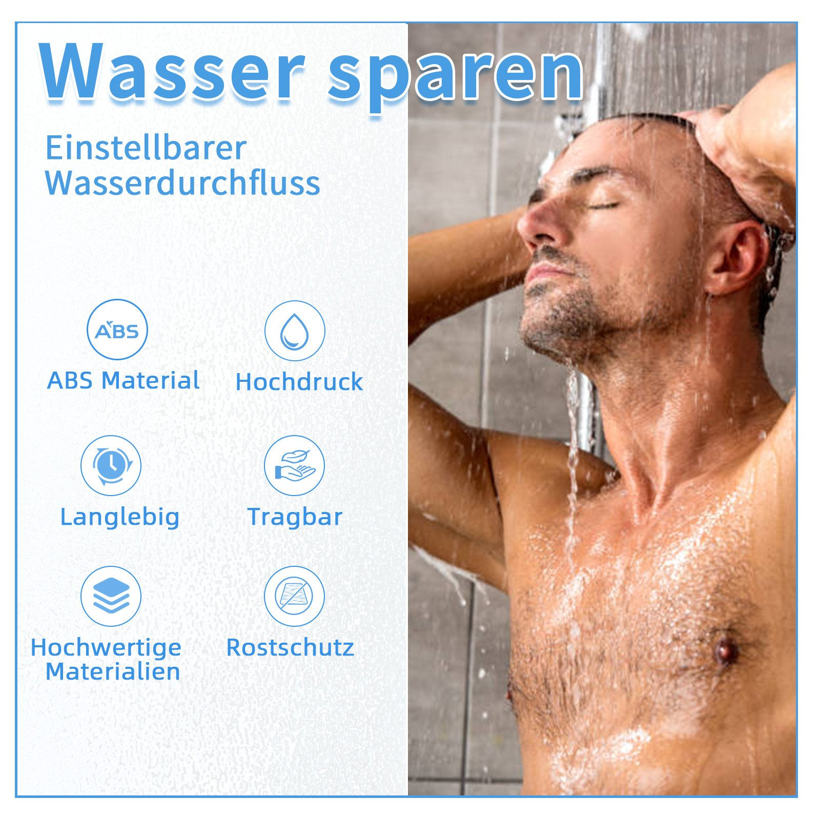 Mann unter der Dusche, Wasser fließt über ihn. Grafik links: Wassersparen, einstellbarer Wasserdurchfluss, und Icons.