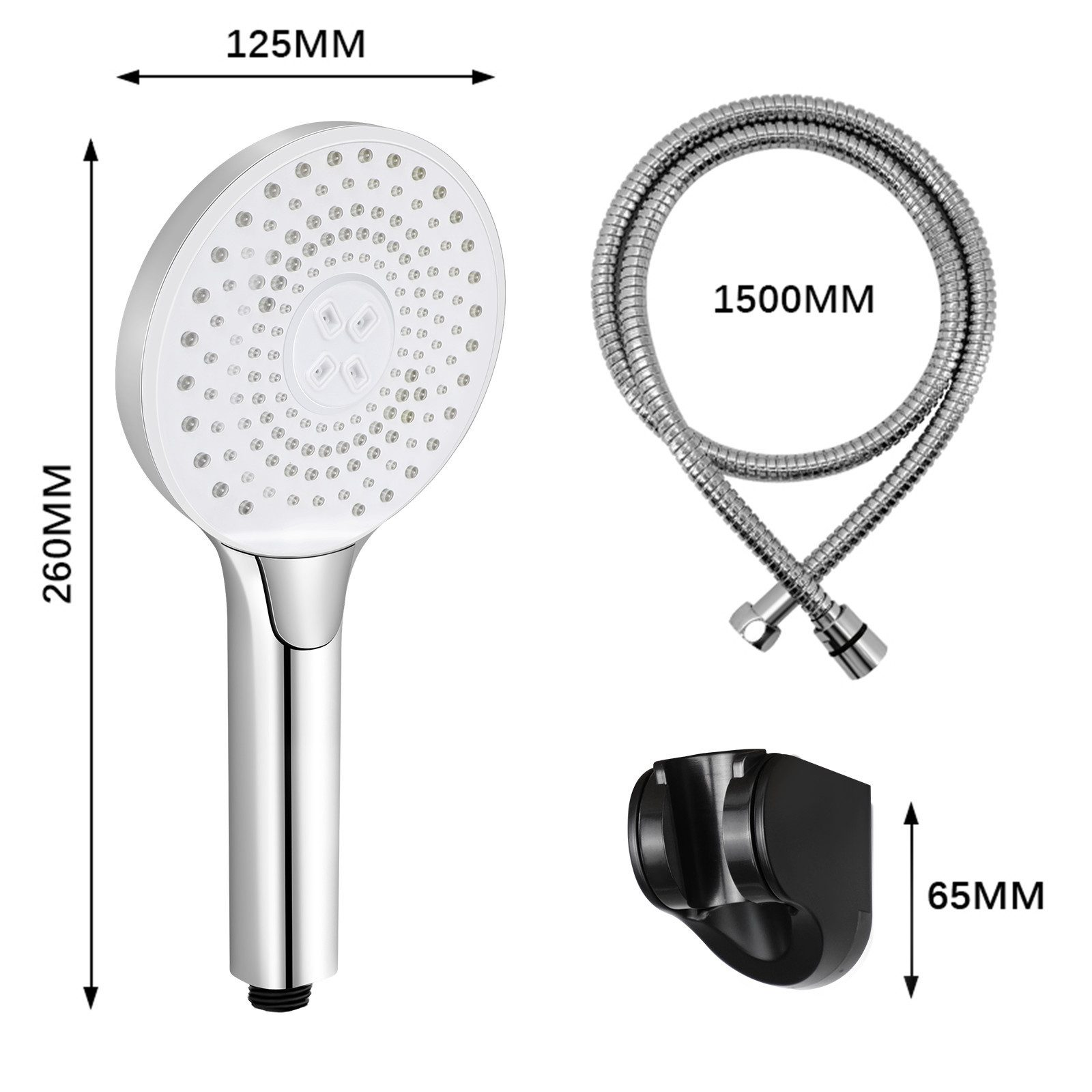Głowica prysznicowa i wąż z wymiarami: Głowica - 260 mm x 125 mm. Wąż - 1500 mm, Podstawa - 65 mm. Wymiary są podane.