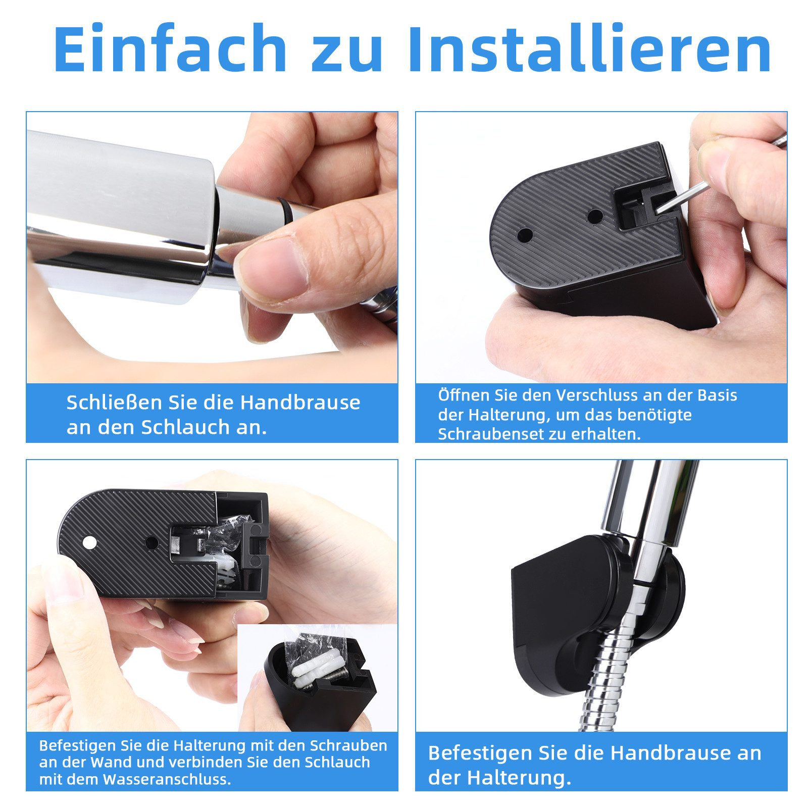 Cztery obrazy pokazujące kroki instalacji głowicy prysznicowej. Tekst po niemiecku.