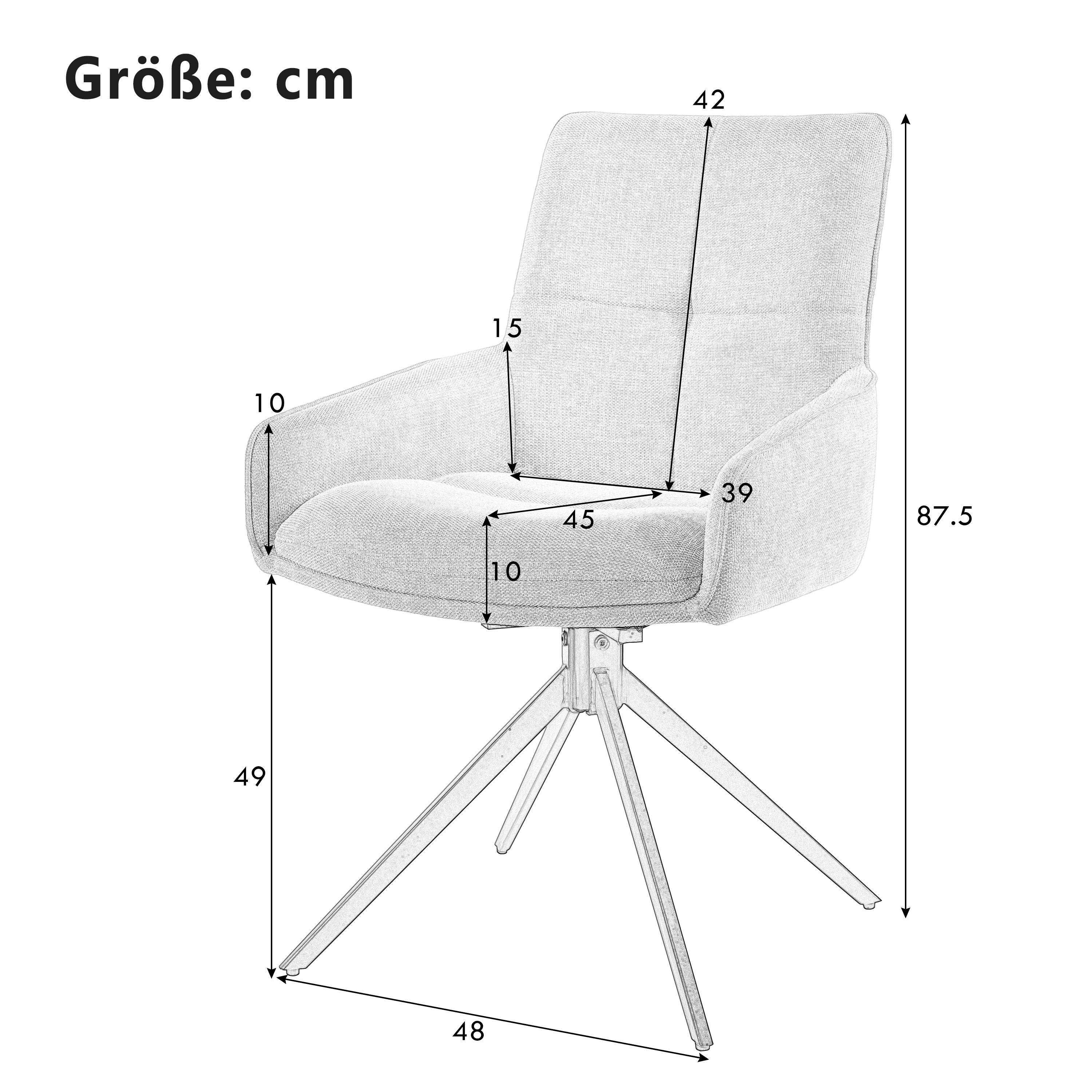 Diagramm eines Stuhls mit Abmessungen in cm. Weißer Hintergrund.