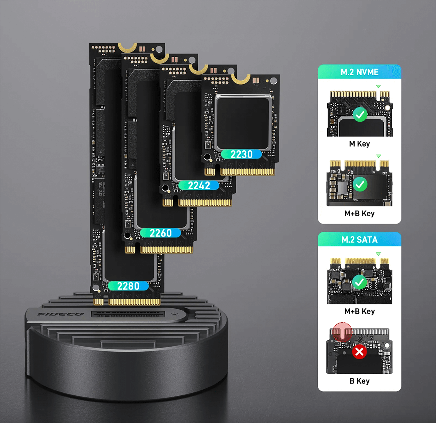 Wiele czarnych dysków SSD, z etykietami. Białe tło.