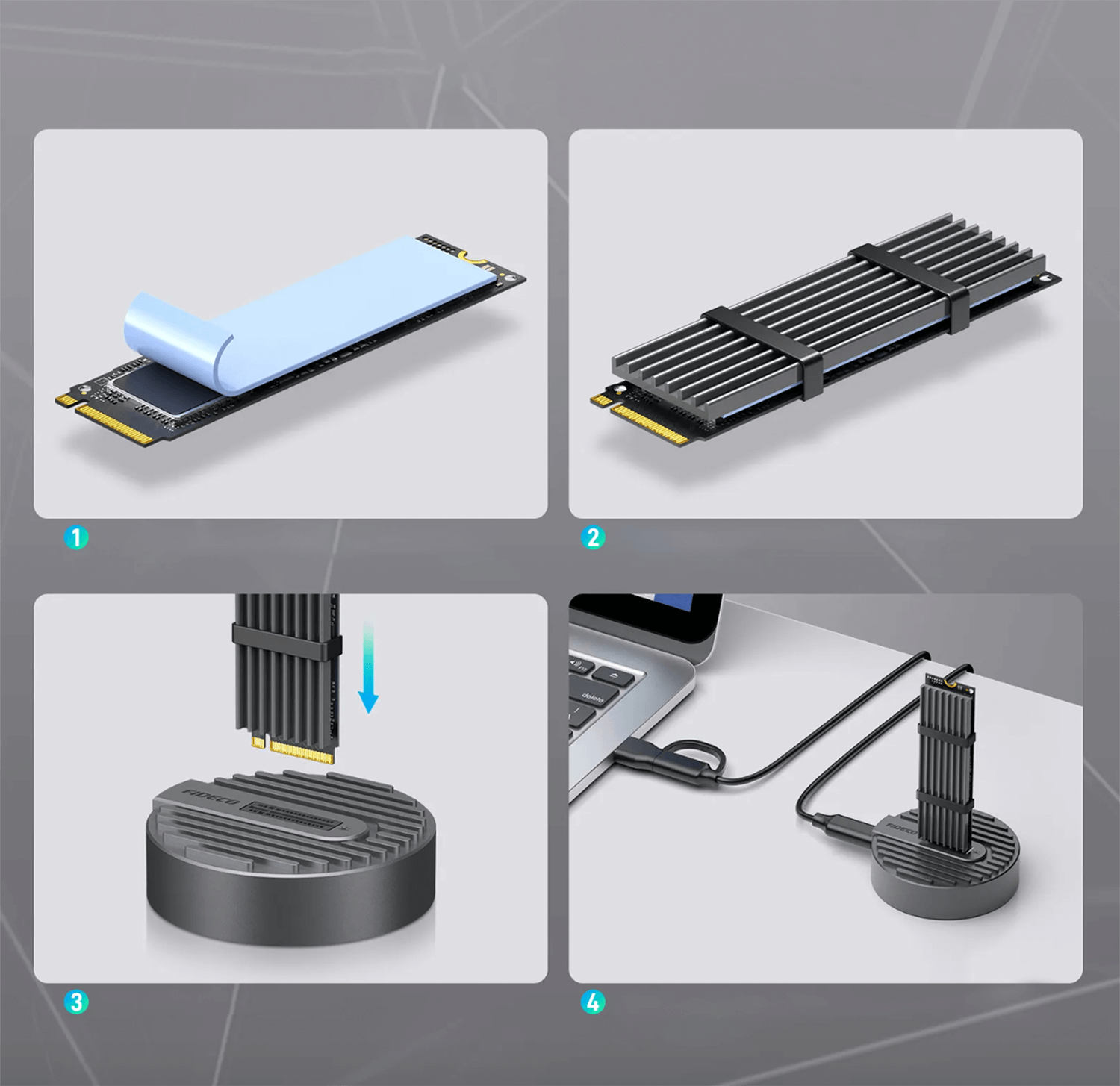 Cztery kroki pokazujące montaż urządzenia, w tym mocowanie komponentu chłodzącego.