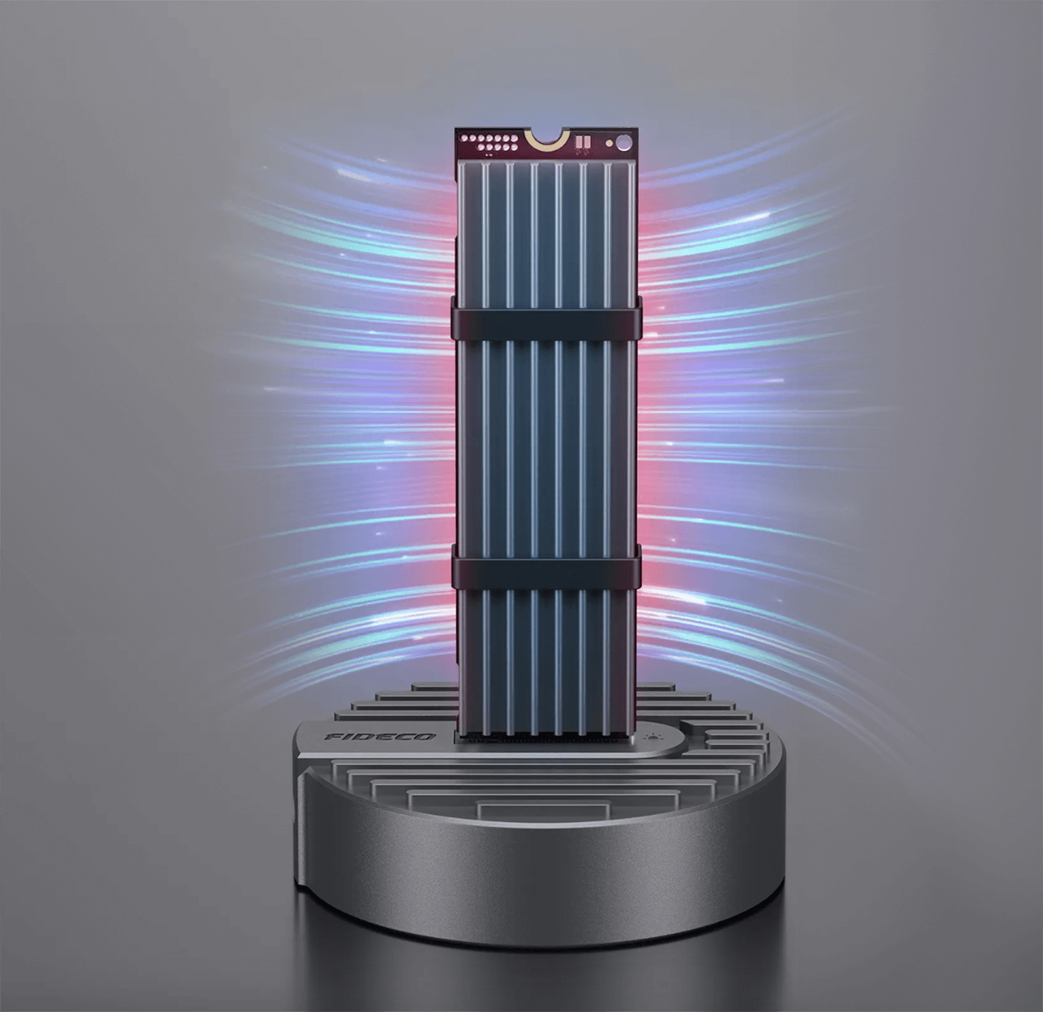 Czarne urządzenie z pionowymi liniami, podświetlone czerwonymi i niebieskimi światłami.