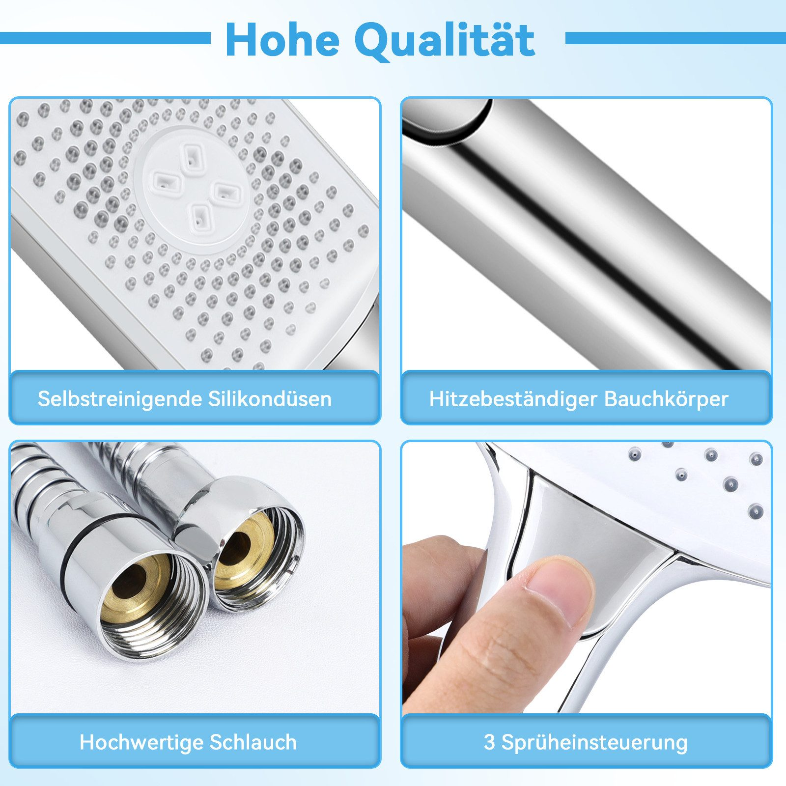 Nahaufnahme von Duschkopfkomponenten und -merkmalen: selbstreinigende Düsen, hitzebeständiger Körper, Schlauch und Bedienelemente.