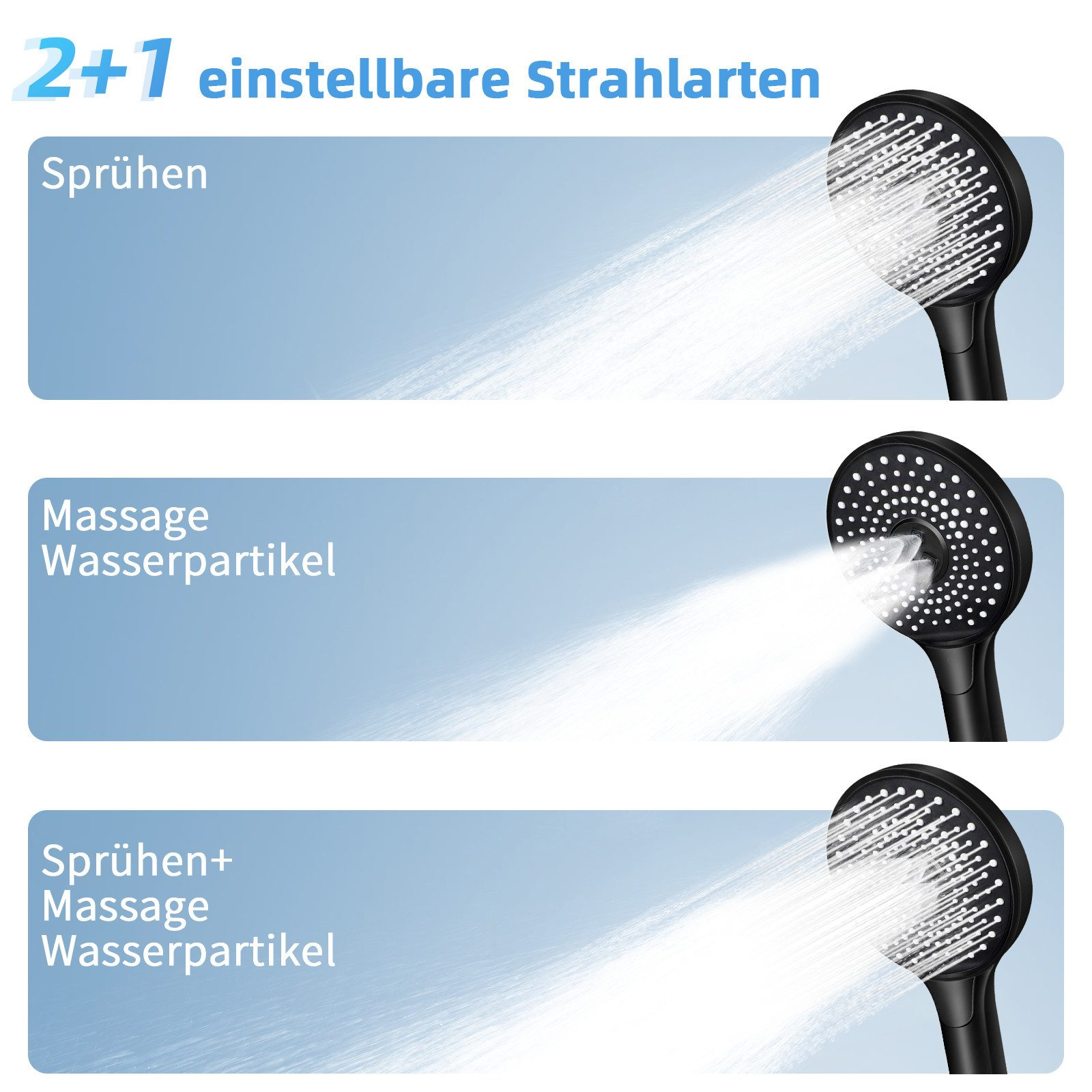 Drei Duschköpfe, die Sprühmodi demonstrieren: Sprühen, Massage und Sprühen+Massage.