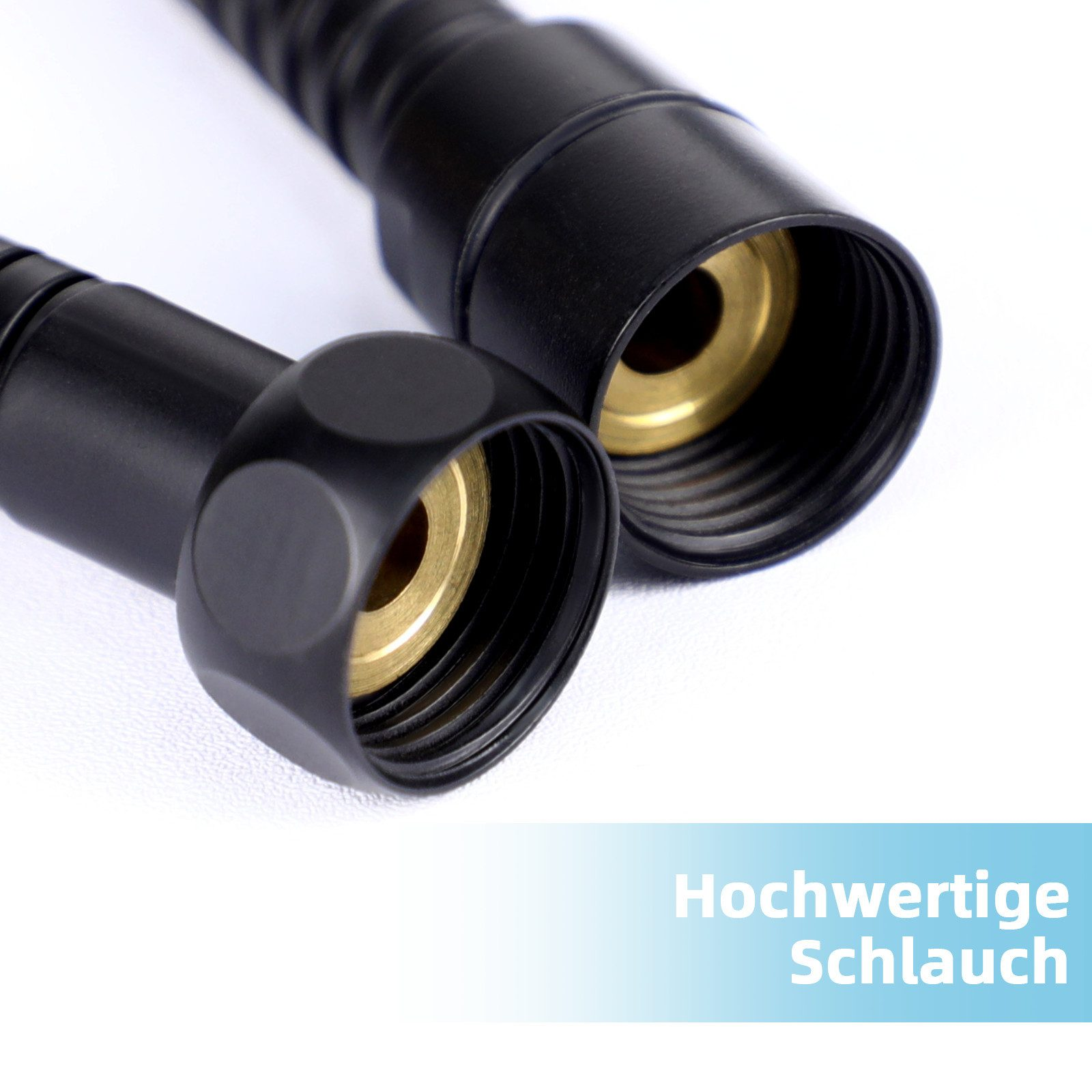 Nahaufnahme von Duschschlauchanschlüssen, die Messing- und Schwarzkörperteile zeigen.