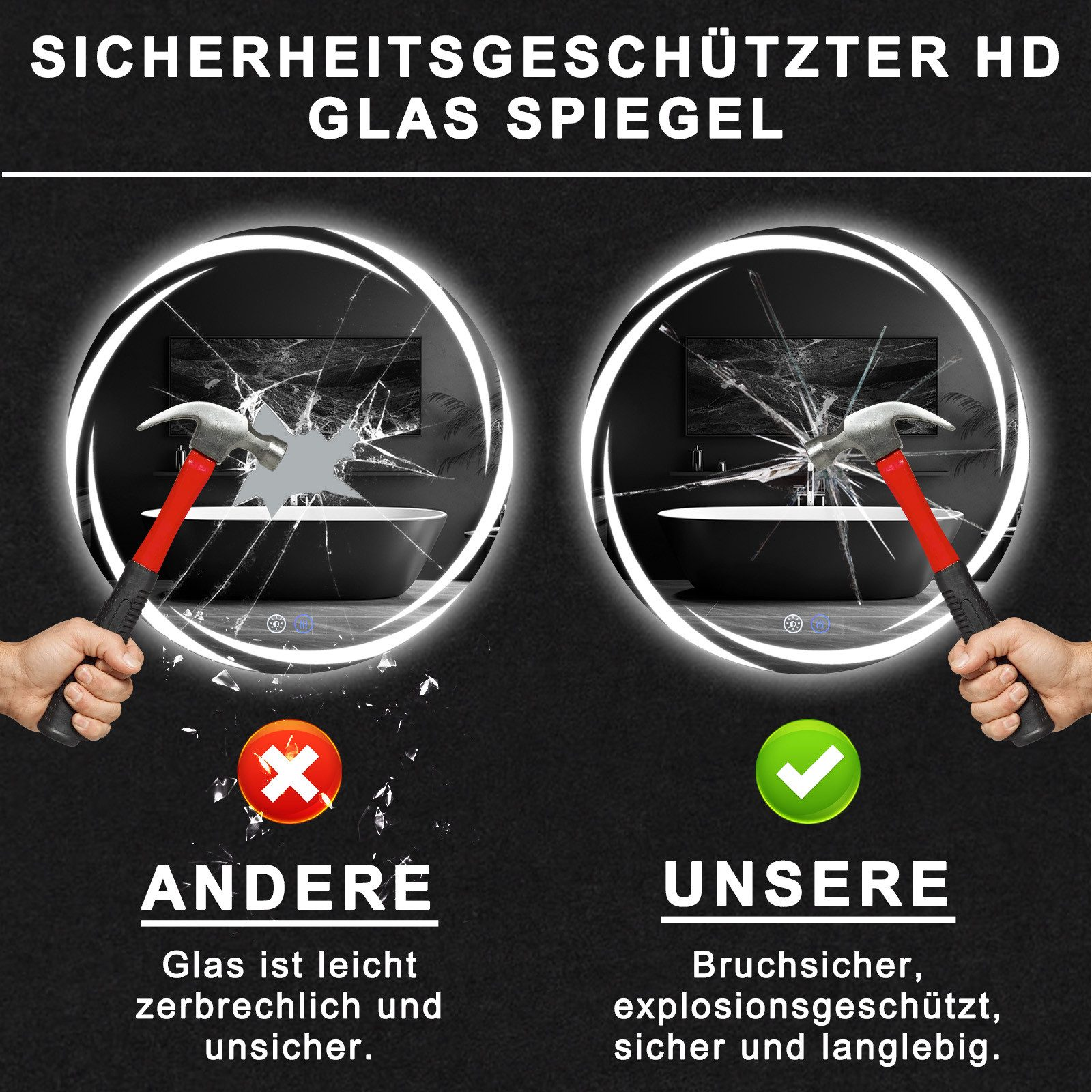 Bild eines Badezimmerspiegels. Linke Seite zeigt zerbrochenen Spiegel. Rechte Seite zeigt sicheren Spiegel. Roter Hammer.