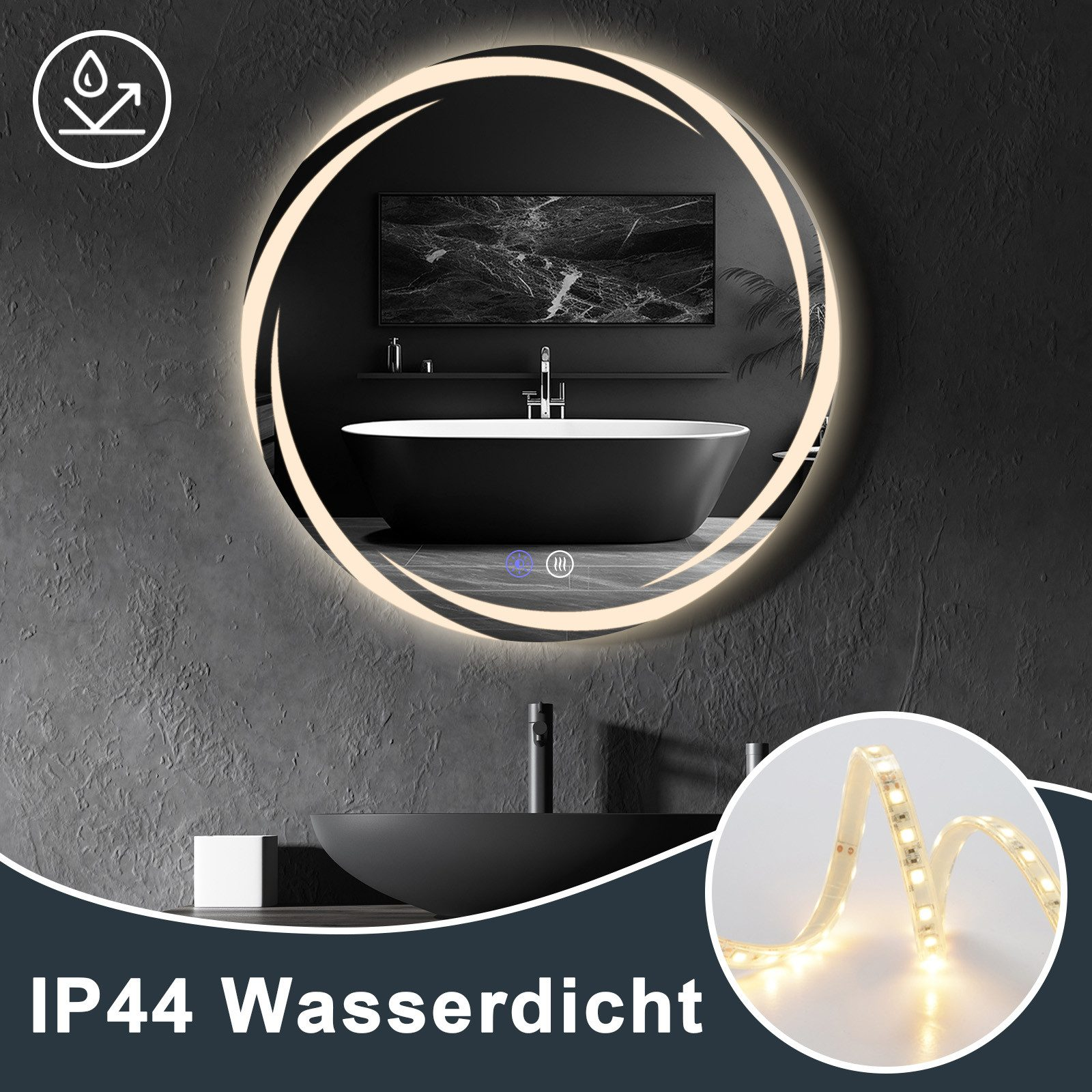 Ein runder Spiegel mit Licht, mit schwarzer Wand und dekorativem Lichtstreifen.