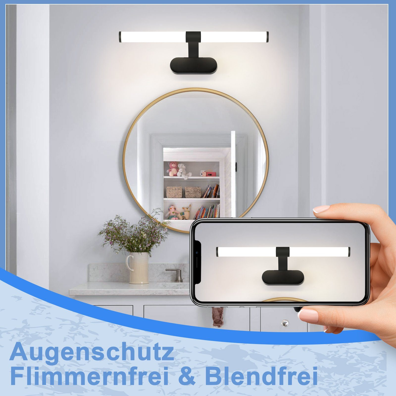 Bagno con specchio e luce. Un telefono mostra la luce che rispecchia quella reale.
