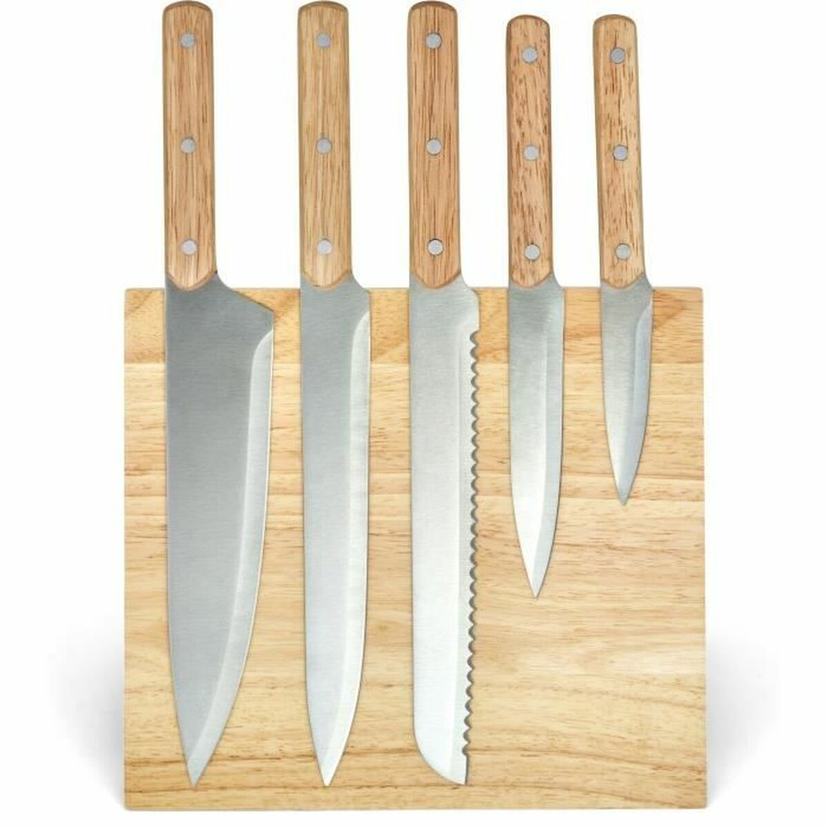 Fünf Küchenmesser mit Holzgriffen auf einem Holzblock. Die Klingen haben verschiedene Formen.
