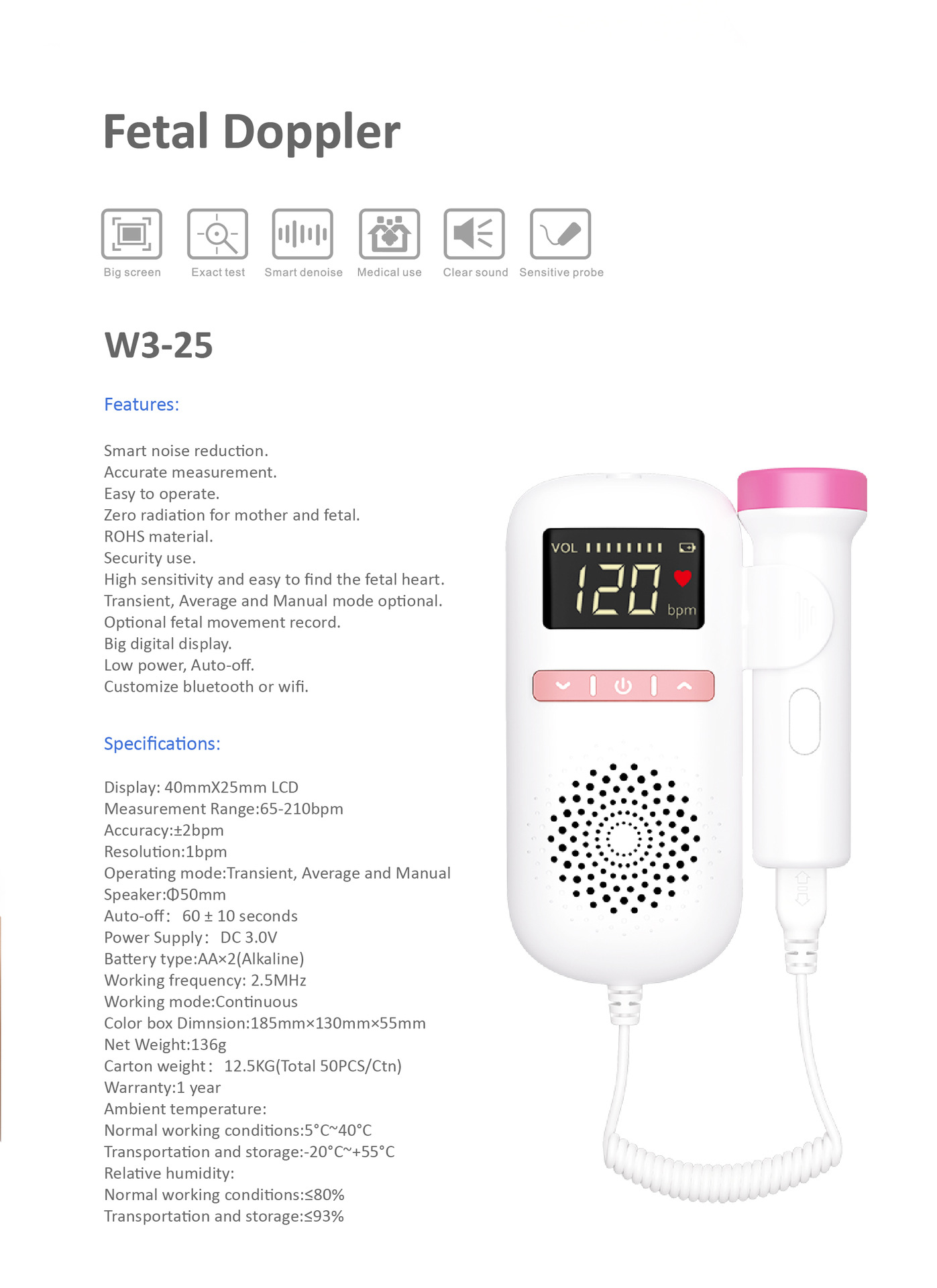 Fetal-Doppler-Gerät mit Display. Zu den Merkmalen gehören Ton und Sonde. Modell W3-25.
