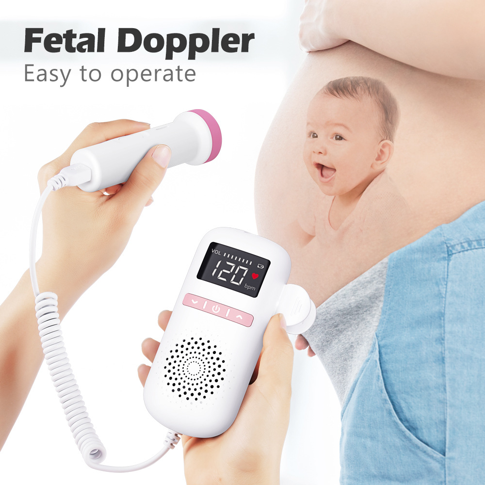 Eine Frau hält ein Fetal-Doppler-Gerät, mit Illustration von Schwangerer und Baby.