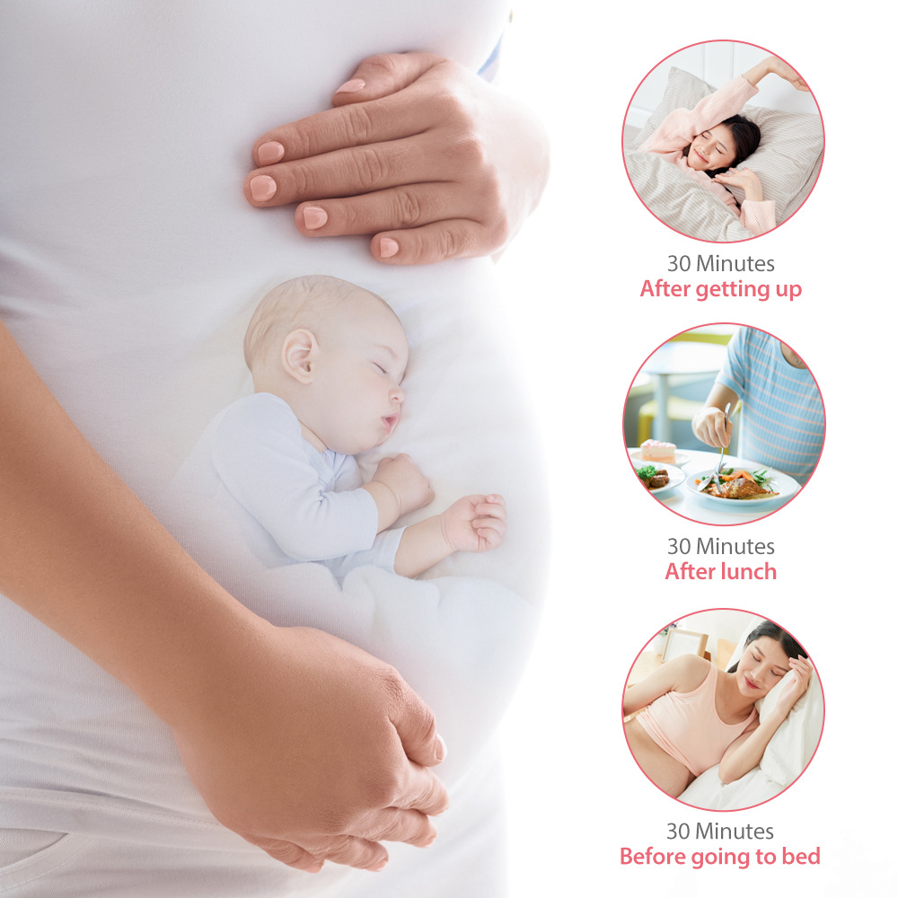 Eine schwangere Frau, ein schlafendes Baby und drei kreisförmige Bilder, die tägliche Routinen zeigen.