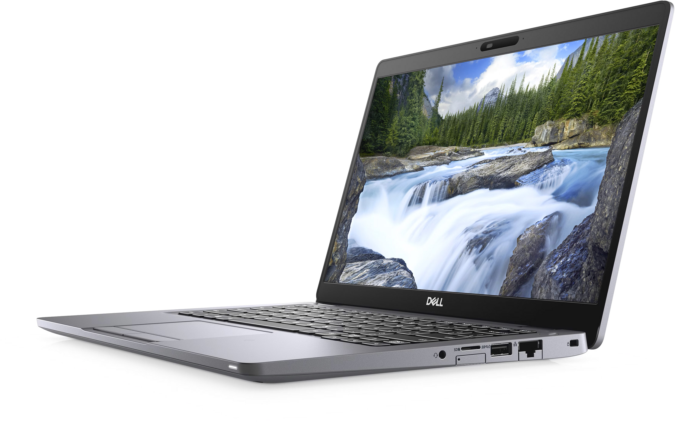 Een laptop met het Dell-logo en een scherm met een waterval. Open.