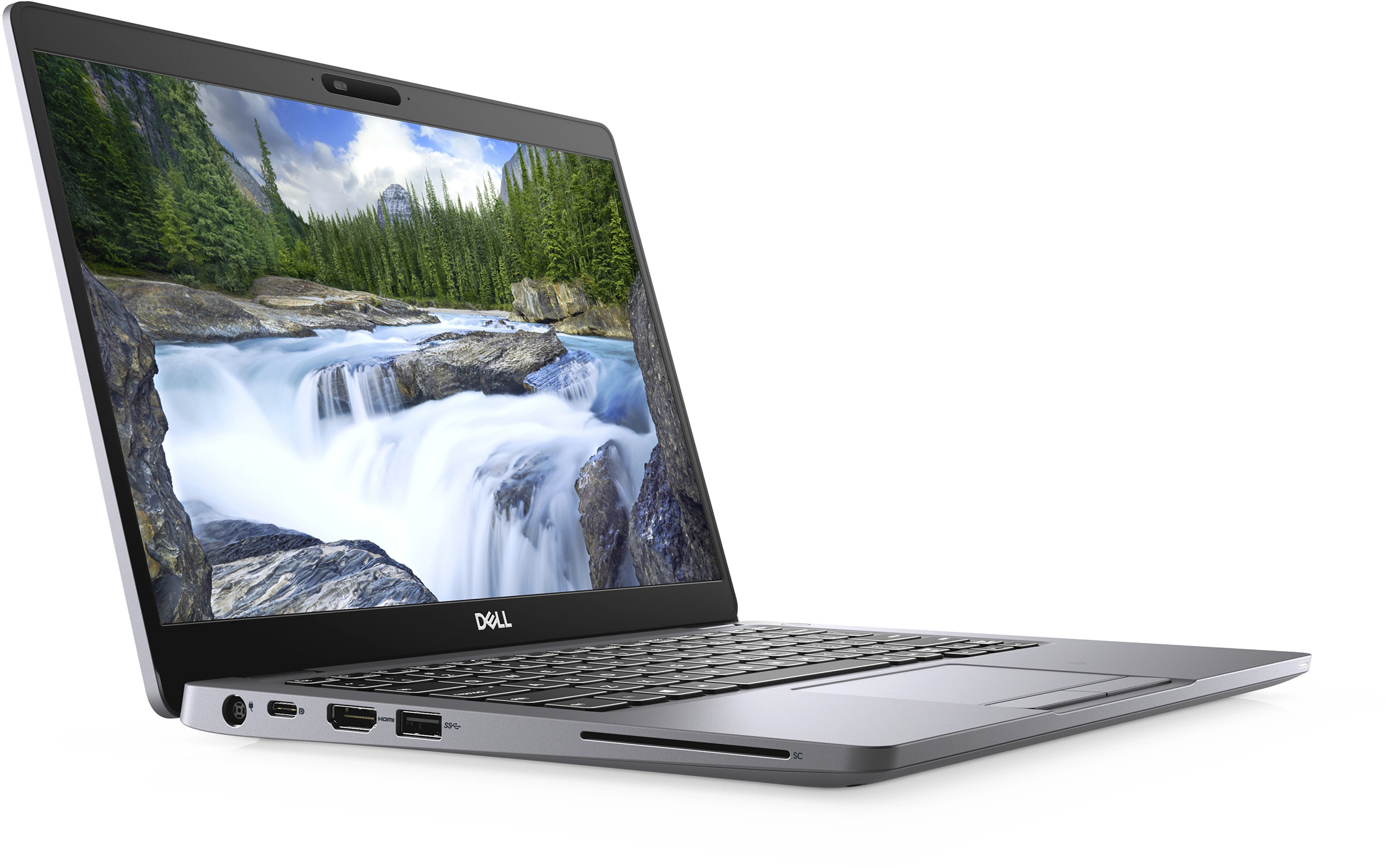 Een laptop met het Dell-logo, scherm met een waterval, zijaanzicht.