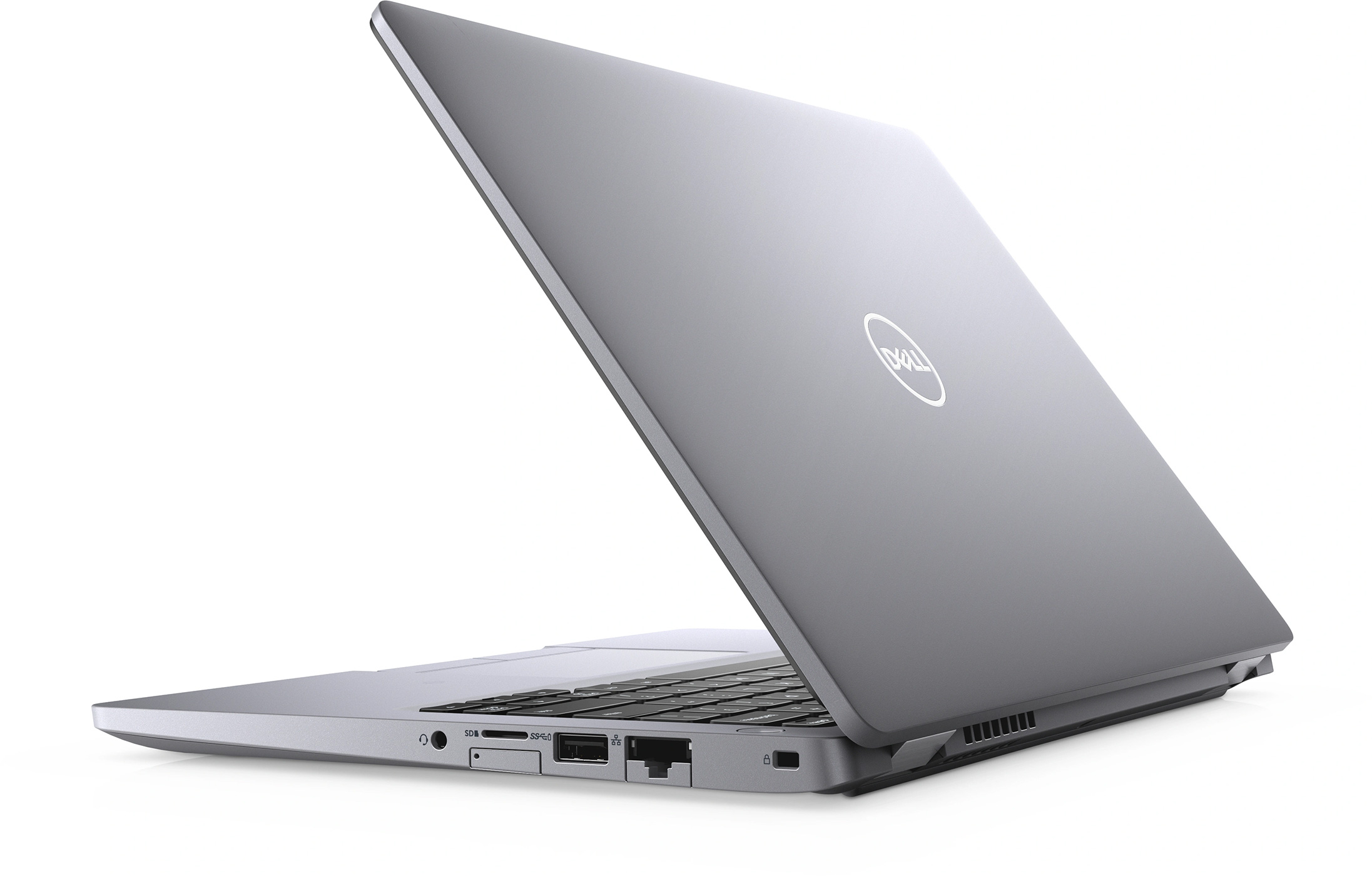 Een laptop met het Dell-logo op de achterkant, open, met de poorten en de achterkant.