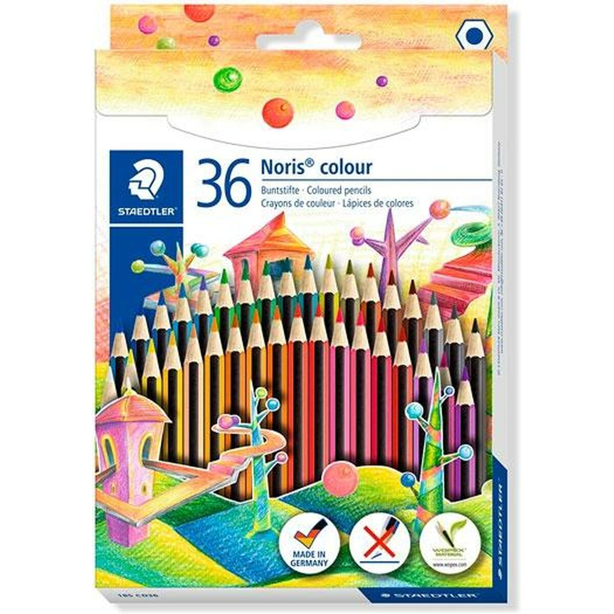 Schachtel mit 36 Farbstiften mit bunter Illustration.