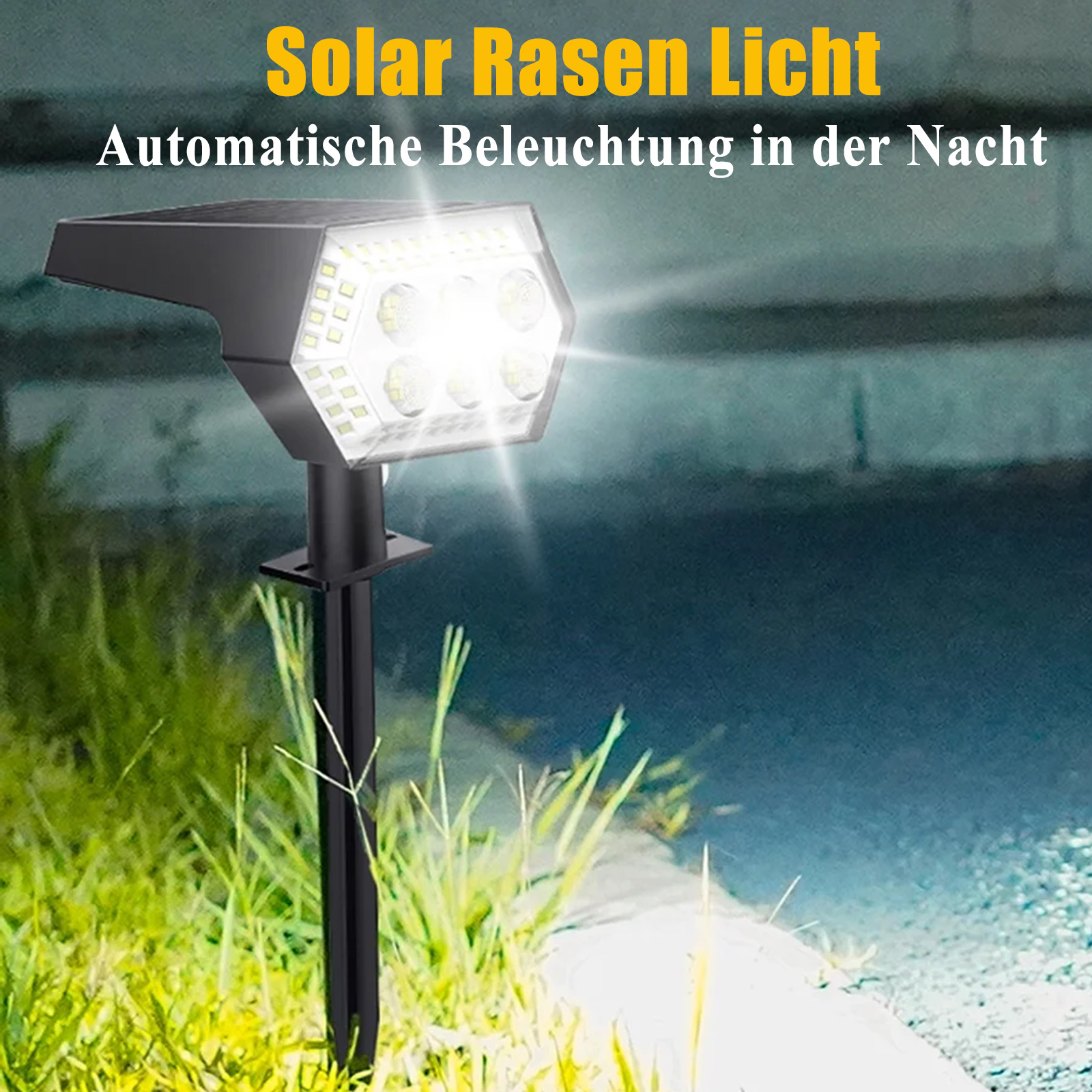 Solar-Rasenlicht, das nachts im Gras scheint.
