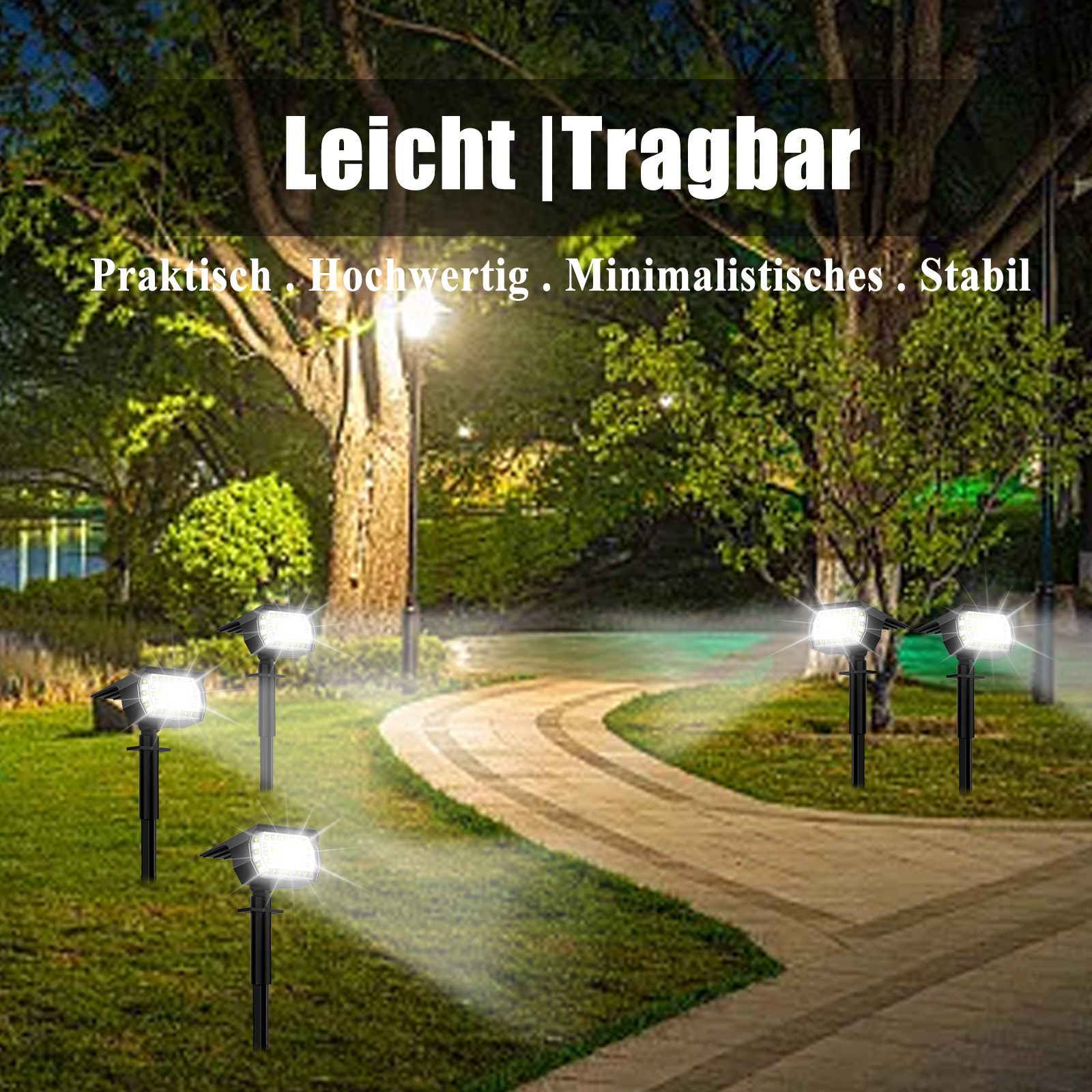 Außenbeleuchtung mit deutschem Text. Gartenleuchten mit Solarpanelen auf einem Weg.
