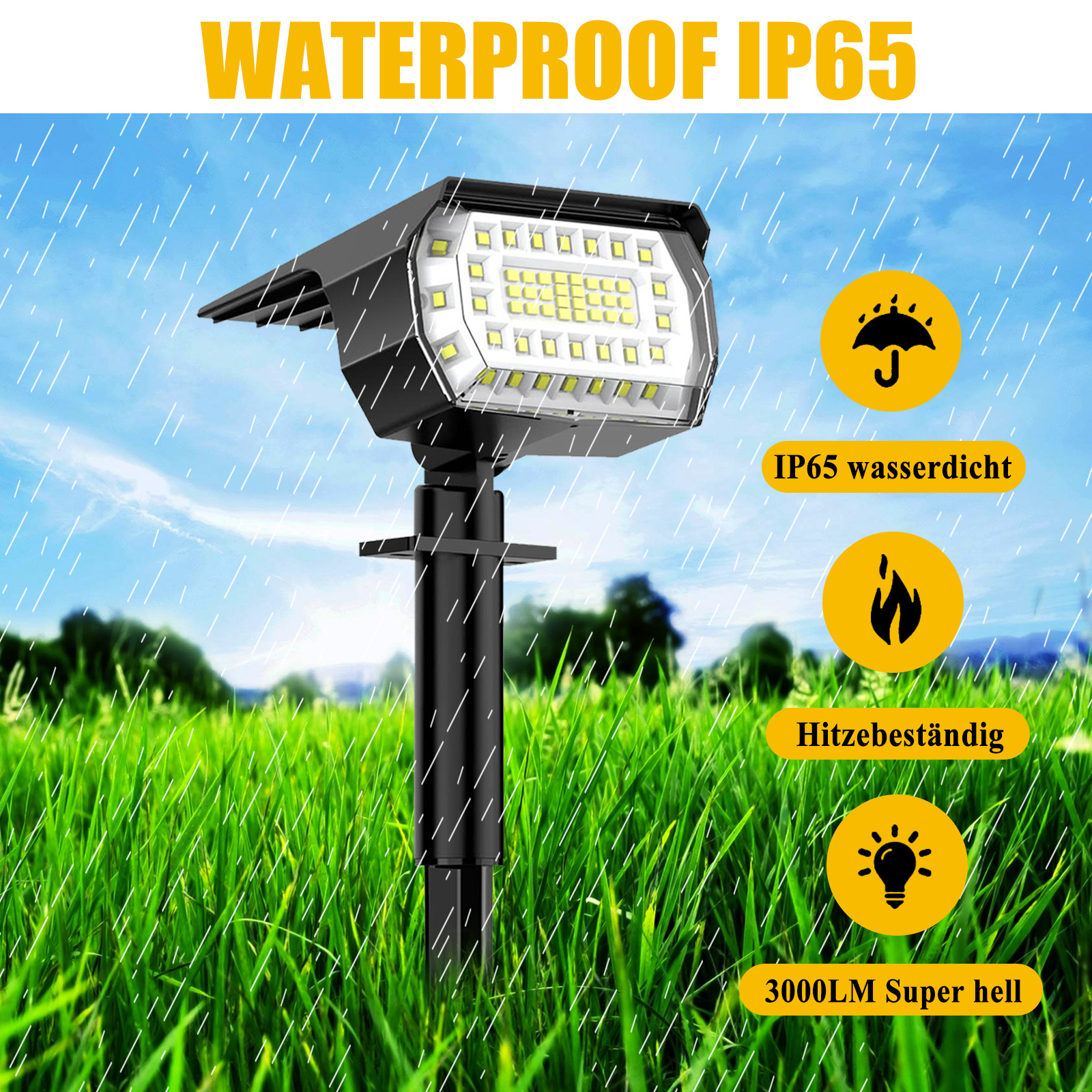 Solarlicht im Regen mit Symbolen für wasserdicht, hitzebeständig und hell.