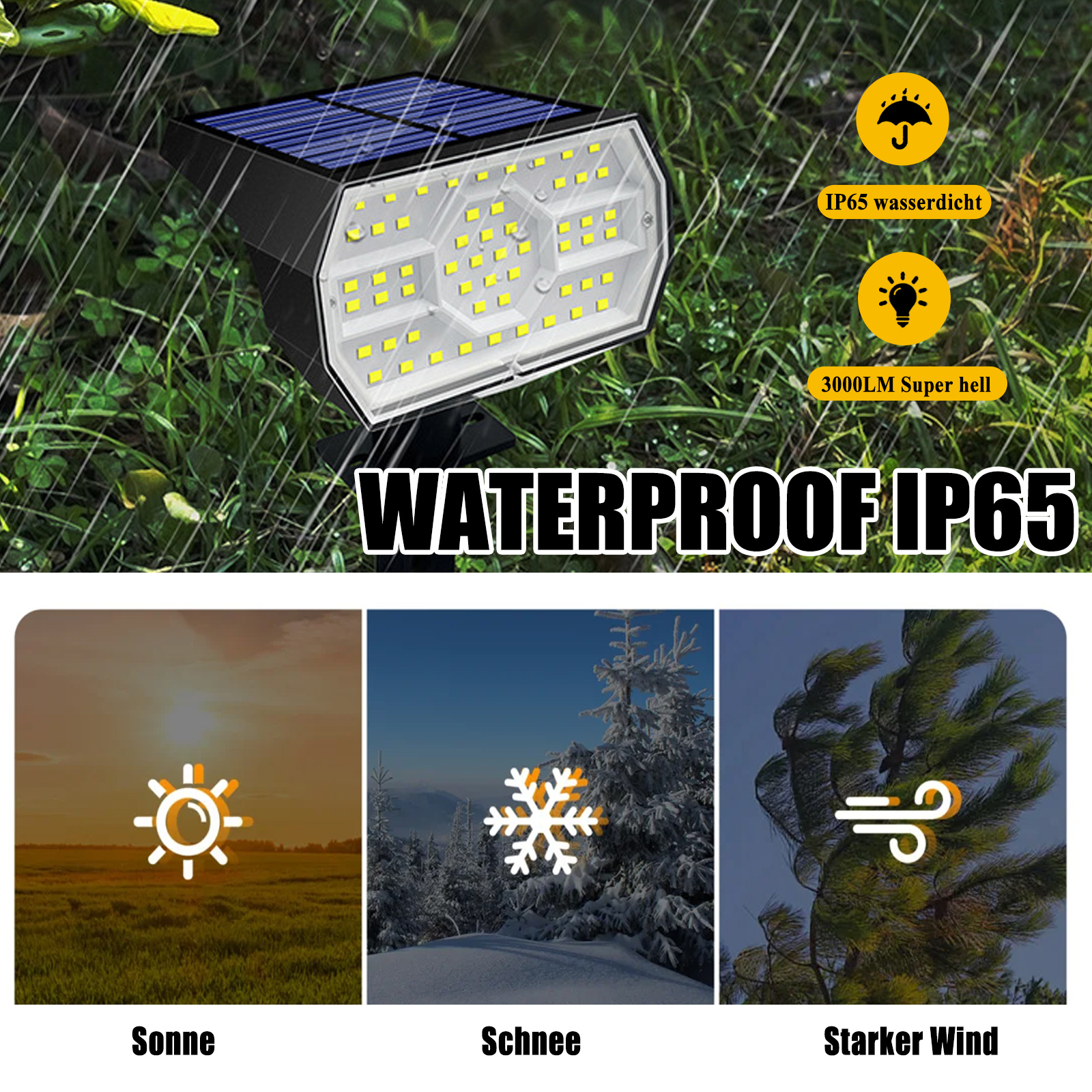 Solarlicht im Regen mit Symbolen für wasserdicht und superhell.
