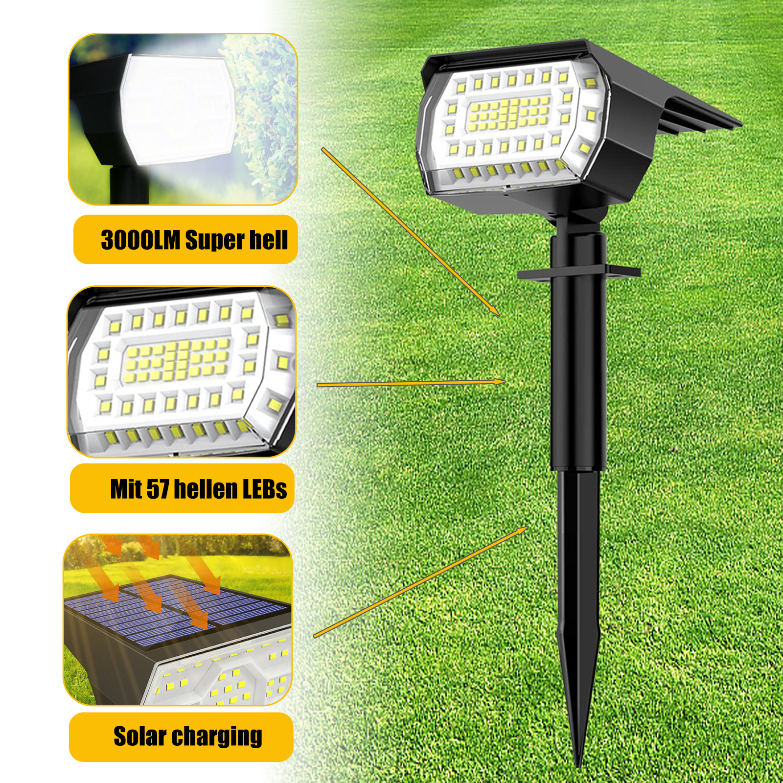 Solarbetriebene LED-Gartenleuchte, schwarz, mit 57 LEDs, die ein superhelles Licht erzeugt.