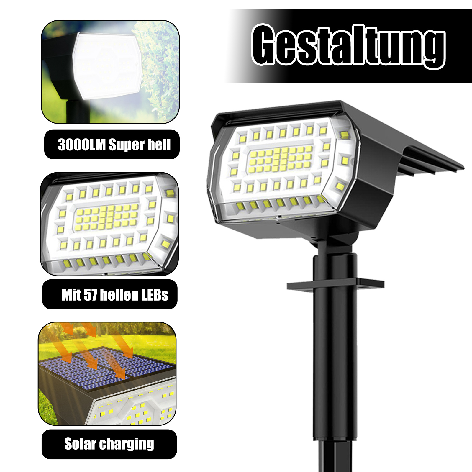 Solarbetriebene LED-Gartenleuchte, schwarz, mit 57 LEDs, die ein superhelles Licht erzeugt.
