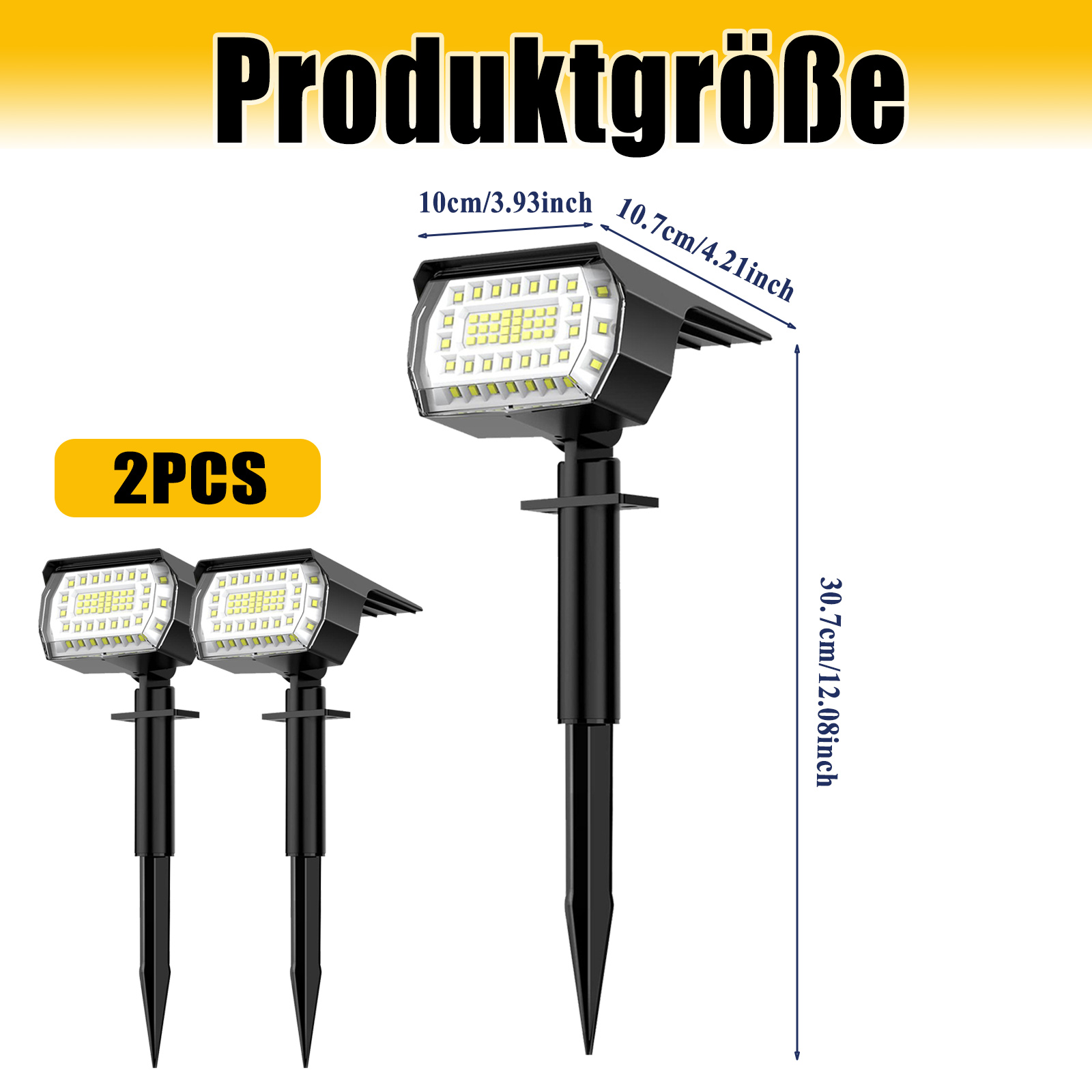 Details der Abmessungen der Solar-LED-Gartenleuchte. Zeigt Abmessungen und Produktmenge, 2 Stück.