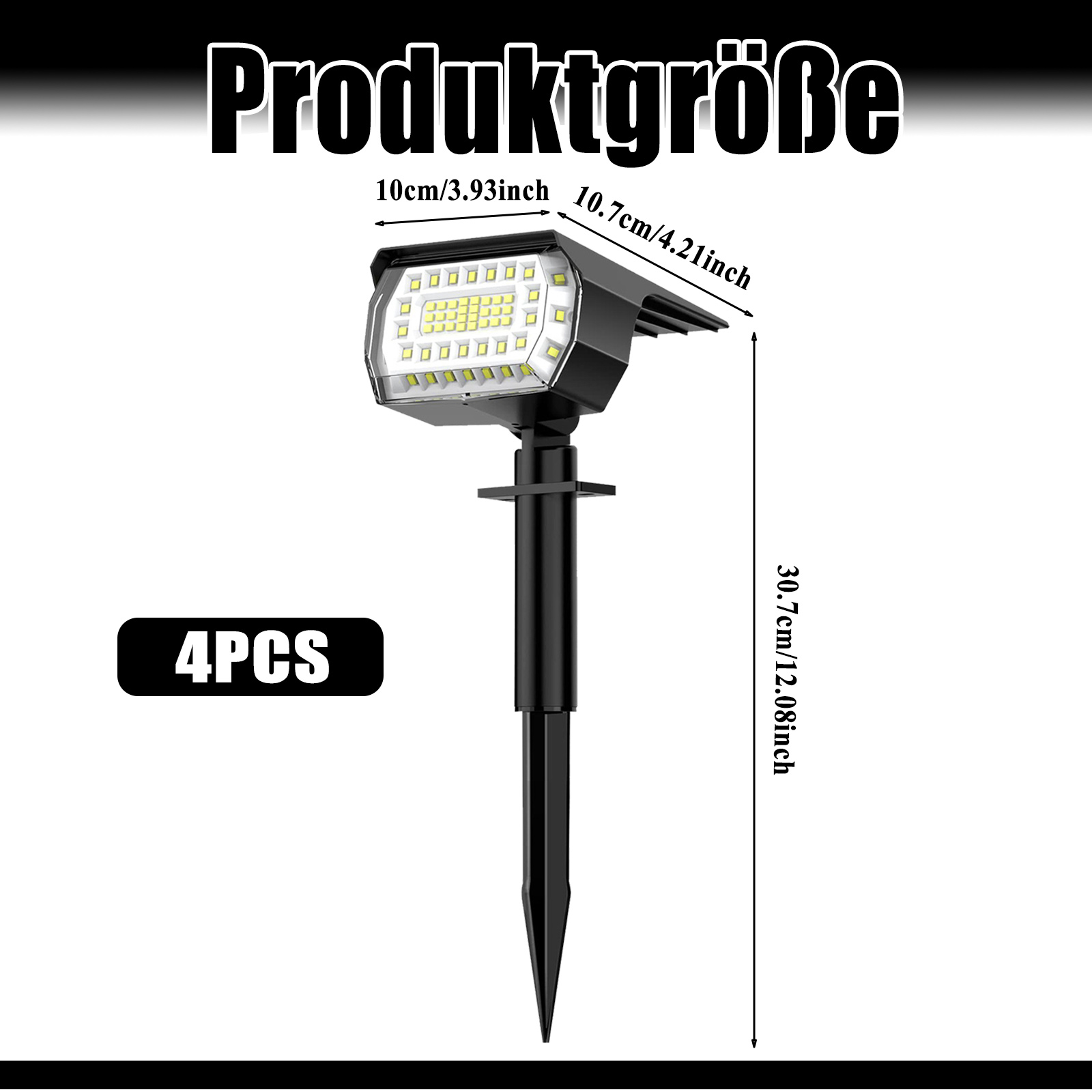 Details der Abmessungen der Solar-LED-Gartenleuchte. Zeigt Abmessungen und Produktmenge, 4 Stück.