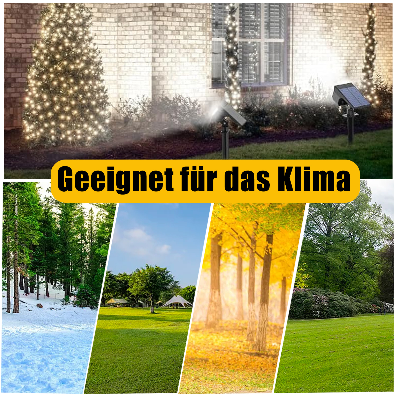 Außenbereich mit Solarleuchten und saisonalen Landschaften: Schnee, Gras, Herbstbäume und grüner Rasen.
