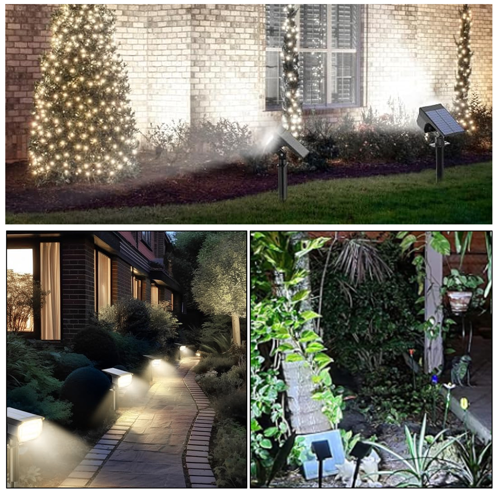 Gartenlichter. Bilder zeigen Solarlampen, die einen Weg und einen Garten bei Nacht beleuchten.