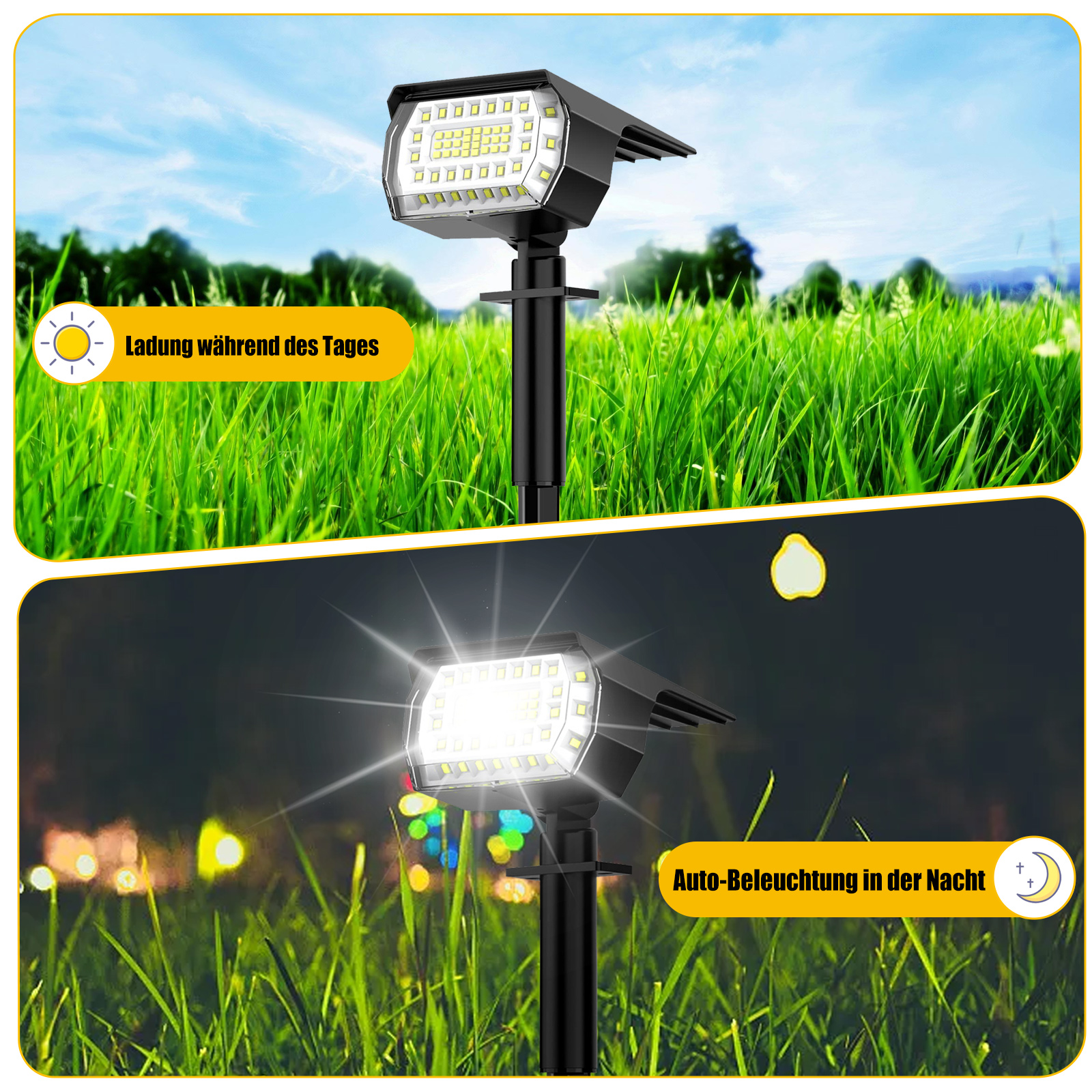 Solarleuchten auf einem grasbewachsenen Feld. Oben: An, Tag. Unten: An, Nacht. Tag/Nacht-Laden und Auto-Licht.