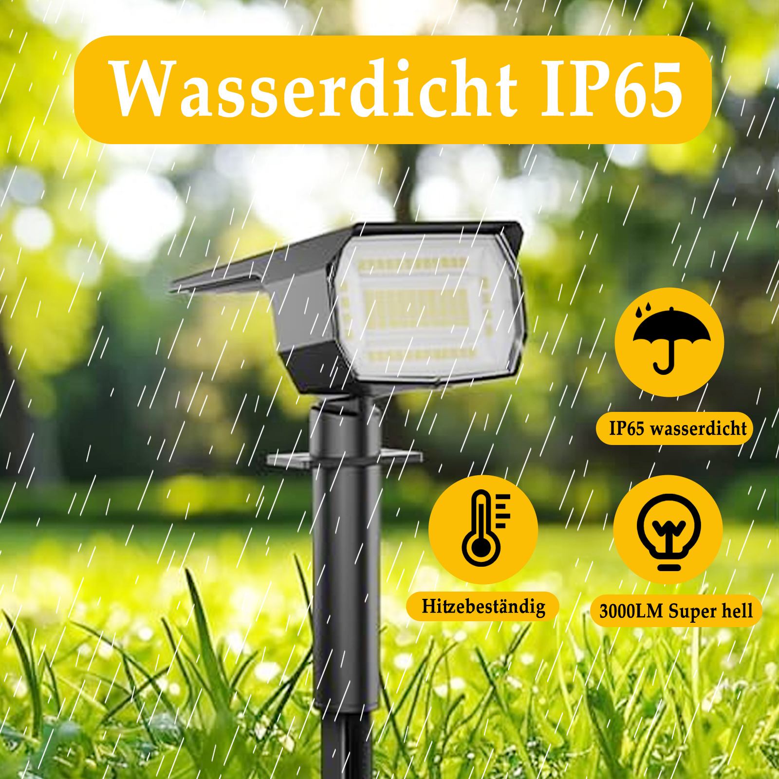 Solarbetriebene Gartenleuchte im Regen. Schwarzes Licht mit der Aufschrift 'Wasserdicht IP65' und Symbolen.