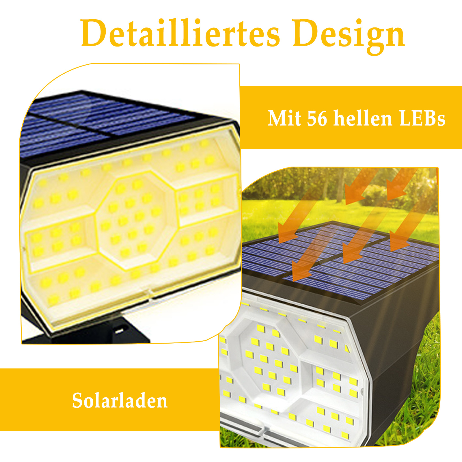 Nahaufnahme einer Solar-LED-Leuchte mit 56 LEDs. Detaillierte Ansicht von Solarpanel und Licht.
