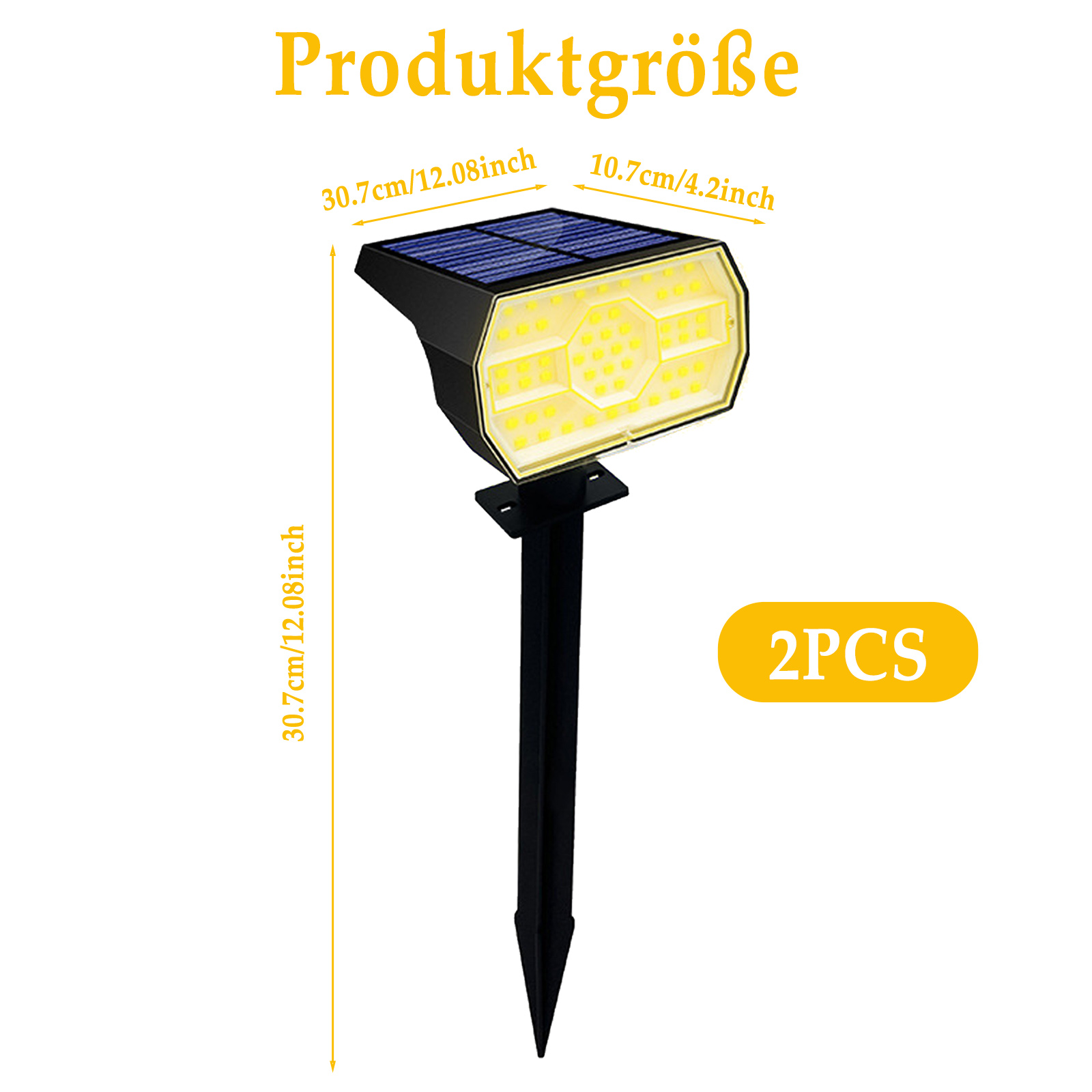 Solarleuchte: Abmessungen, 30,7 cm/12,08 Zoll, 10,7 cm/4,2 Zoll. Produkt mit Solarpanel und Spießfuß, 2 Stück.