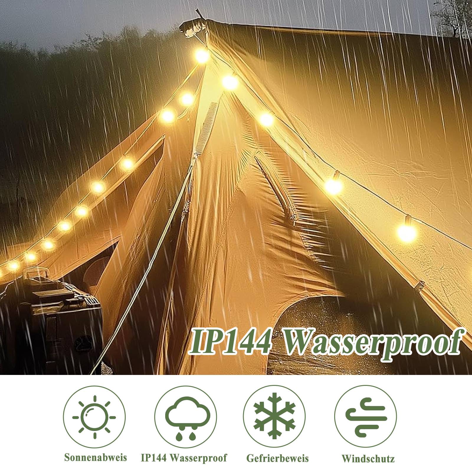 Ein Zelt mit Lichterketten. Regen fällt. Text: 'IP144 Wasserdicht' mit zugehörigen Symbolen.