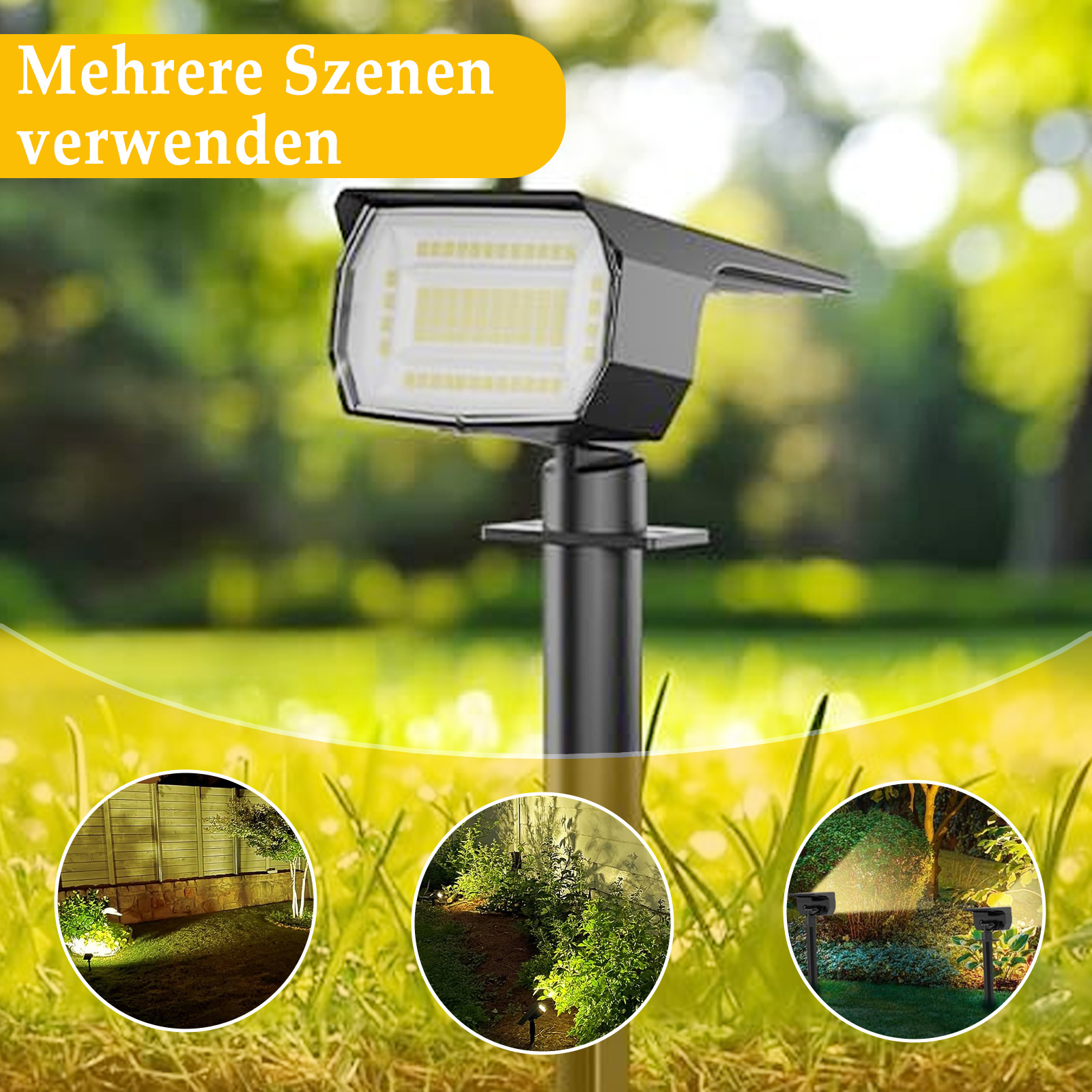 Eine schwarze Solarlampe mit mehreren Szenen. Sie beleuchtet einen Garten und einen Weg.