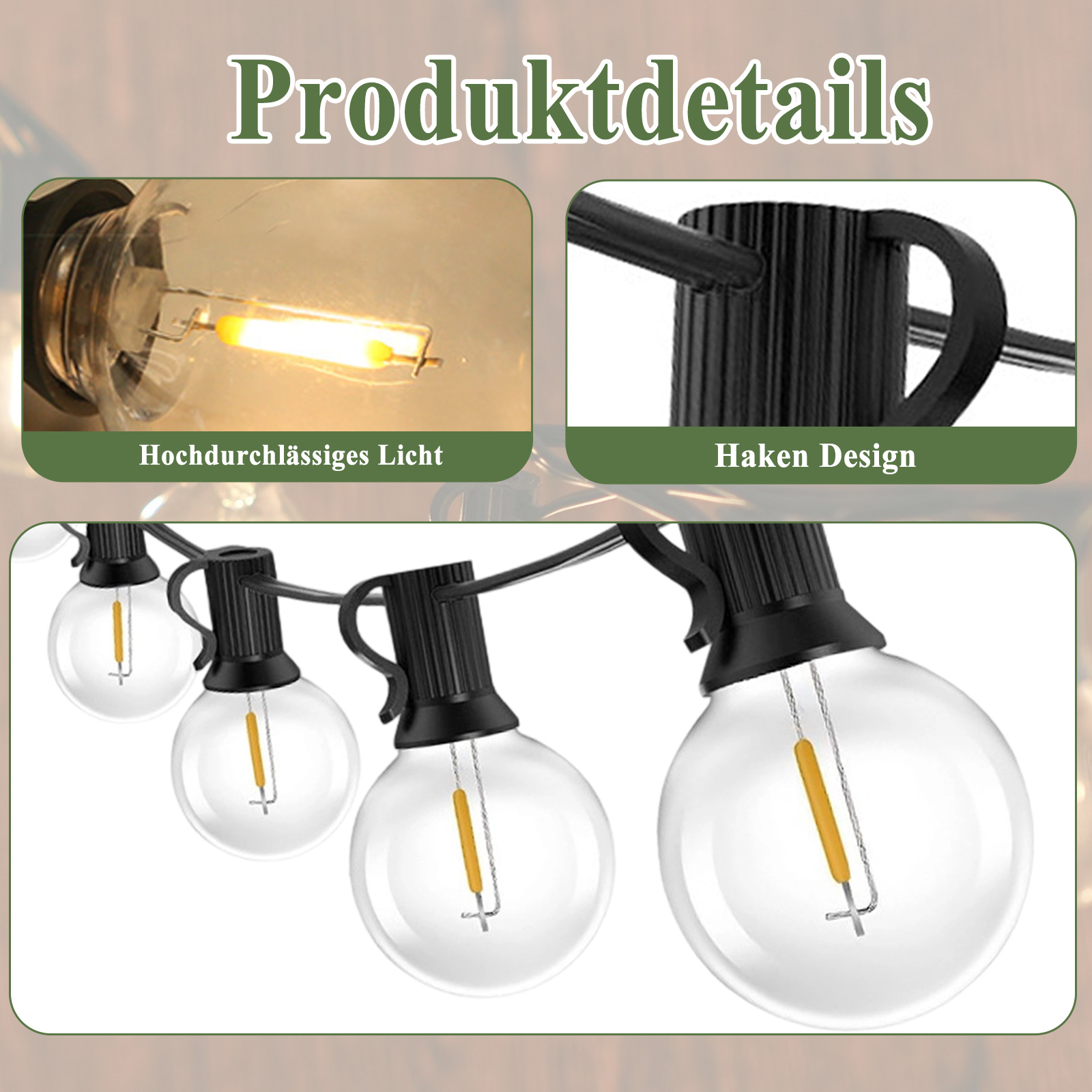 Lichterketten mit detaillierten Produkteigenschaften. Lichtdurchlässigkeit, Hakendesign und eine Lichterkette.
