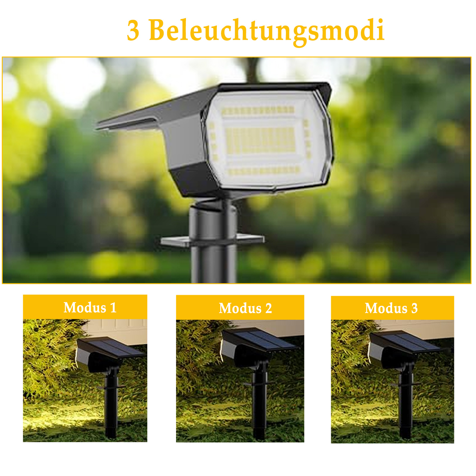 Solarleuchte mit drei Beleuchtungsmodi: Modus 1, Modus 2 und Modus 3, die verschiedene Helligkeitsstufen zeigen.