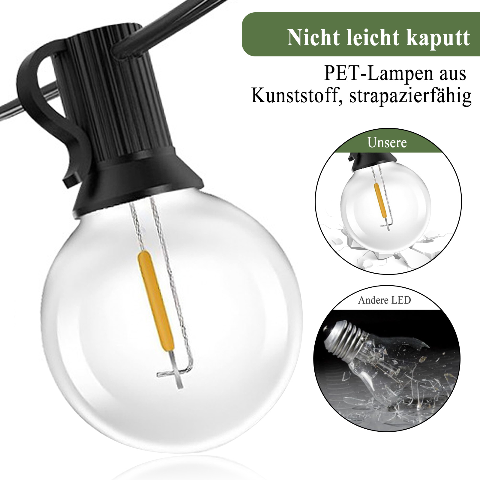 Nahaufnahme einer durchsichtigen Glühbirne. Ein kreuzförmiger Glühfaden ist sichtbar. Die Birne ist an einem schwarzen Draht.