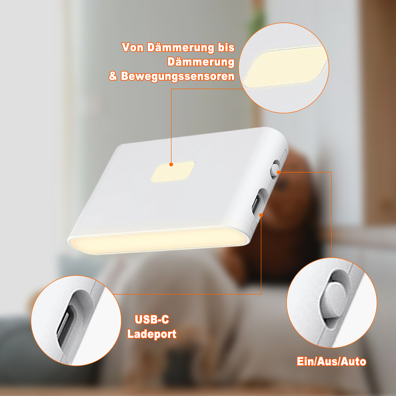 Eine weiße rechteckige Leuchte mit Details: USB-C-Anschluss, Ein/Aus-Taste und Dämmerungssensor.
