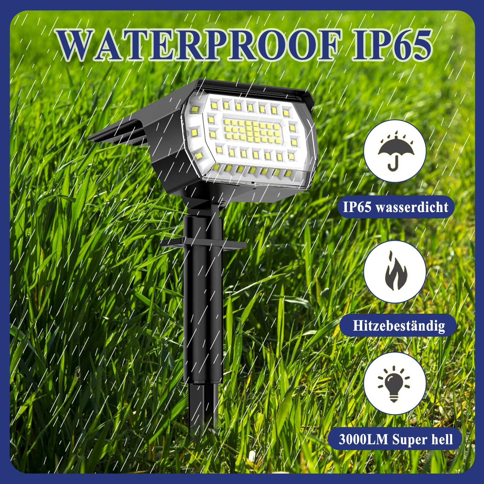 Eine schwarze Solarlampe im grünen Gras. Text besagt, dass sie wasserdicht ist.
