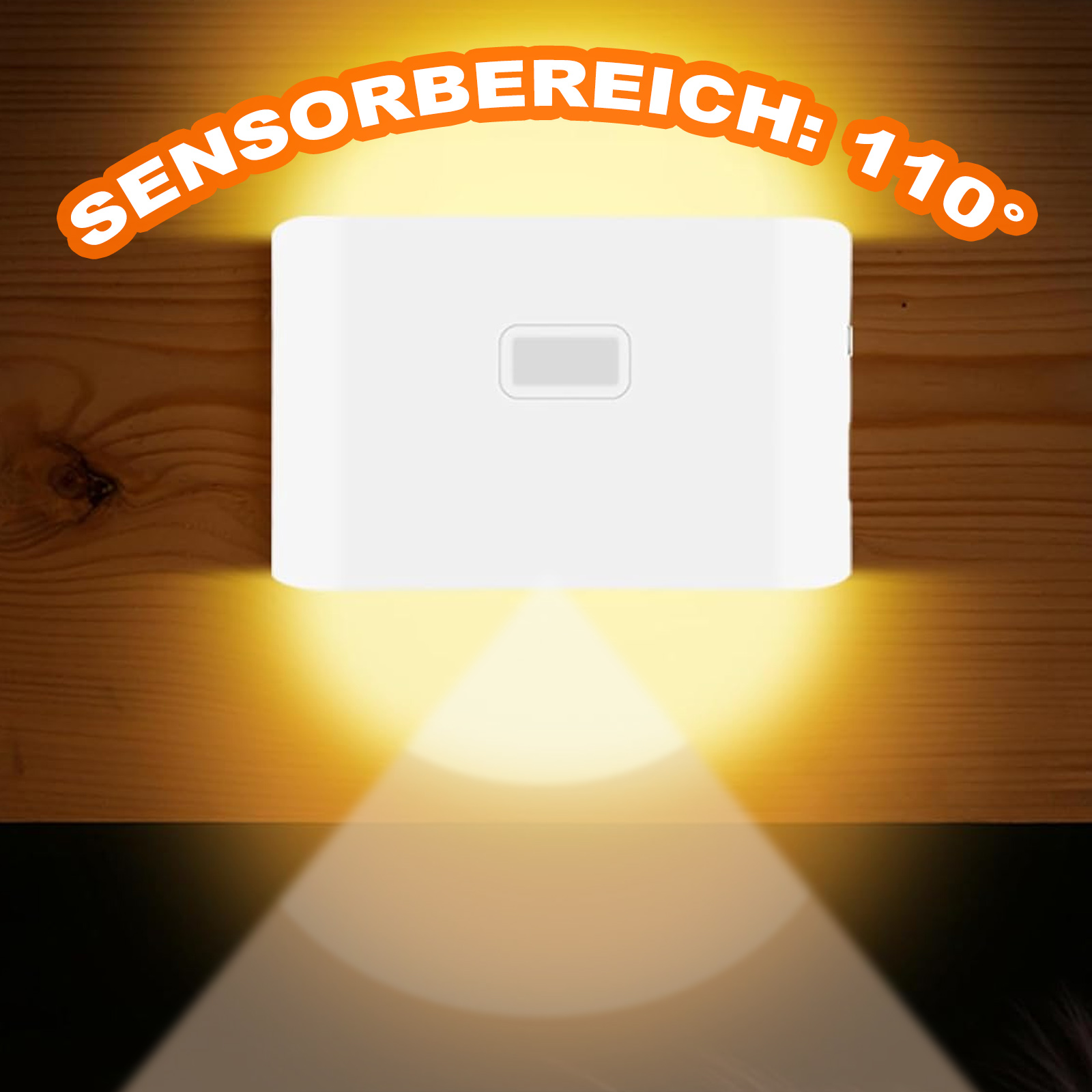 Eine weiße Wandleuchte mit einem Sensorbereich von 110 Grad, auf einer Holzoberfläche.