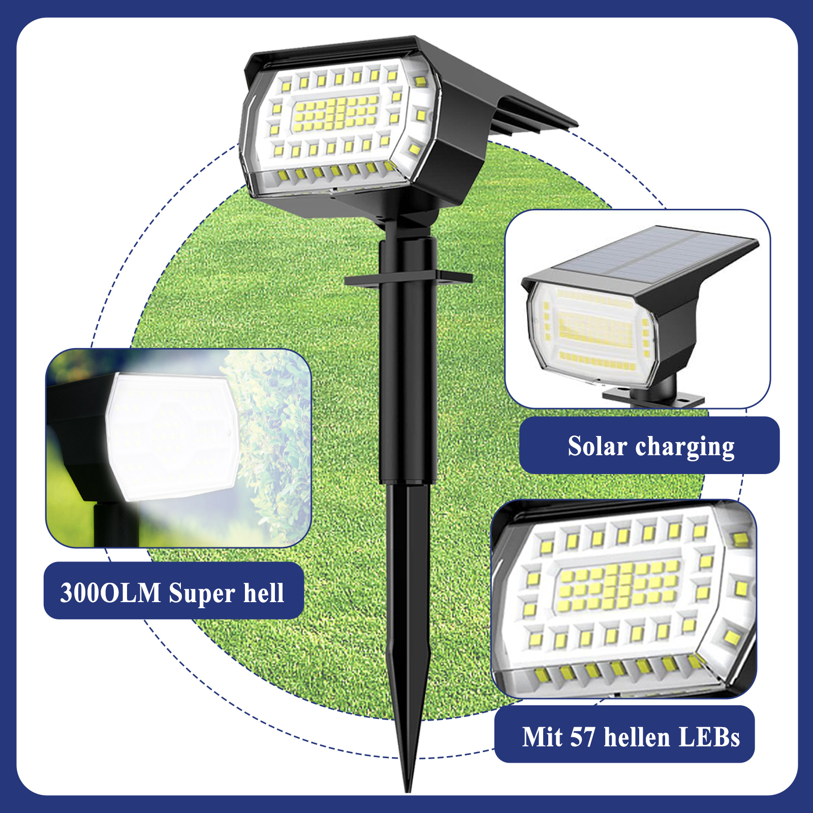 Schwarze Solarleuchte für den Außenbereich mit LEDs, einem Solarpanel und drei inset Bildern.