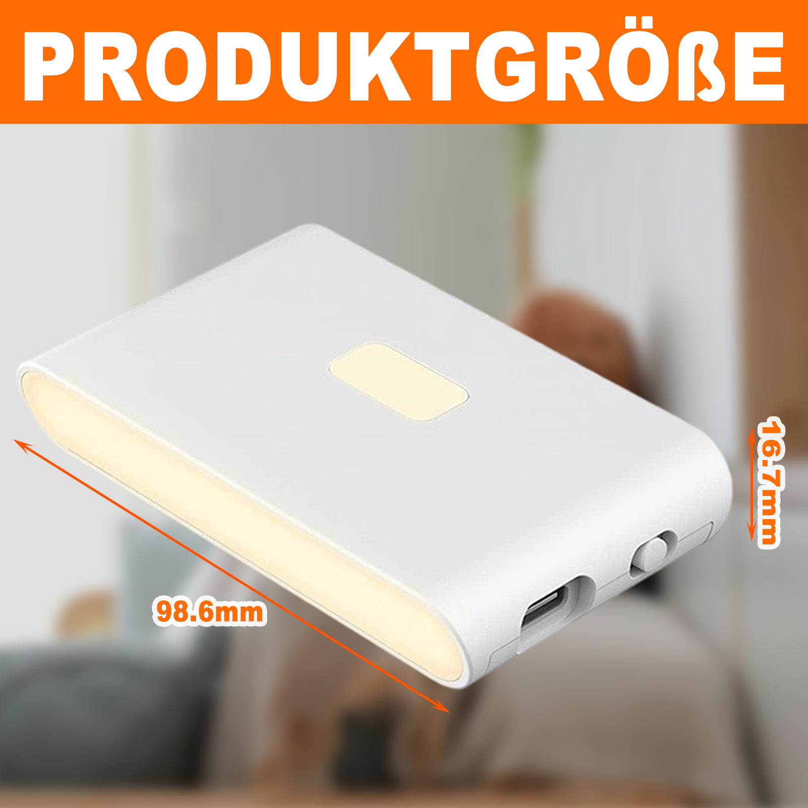 Eine weiße rechteckige Leuchte. Text zeigt ihre Abmessungen: 98,6 mm lang und 16,7 mm dick.