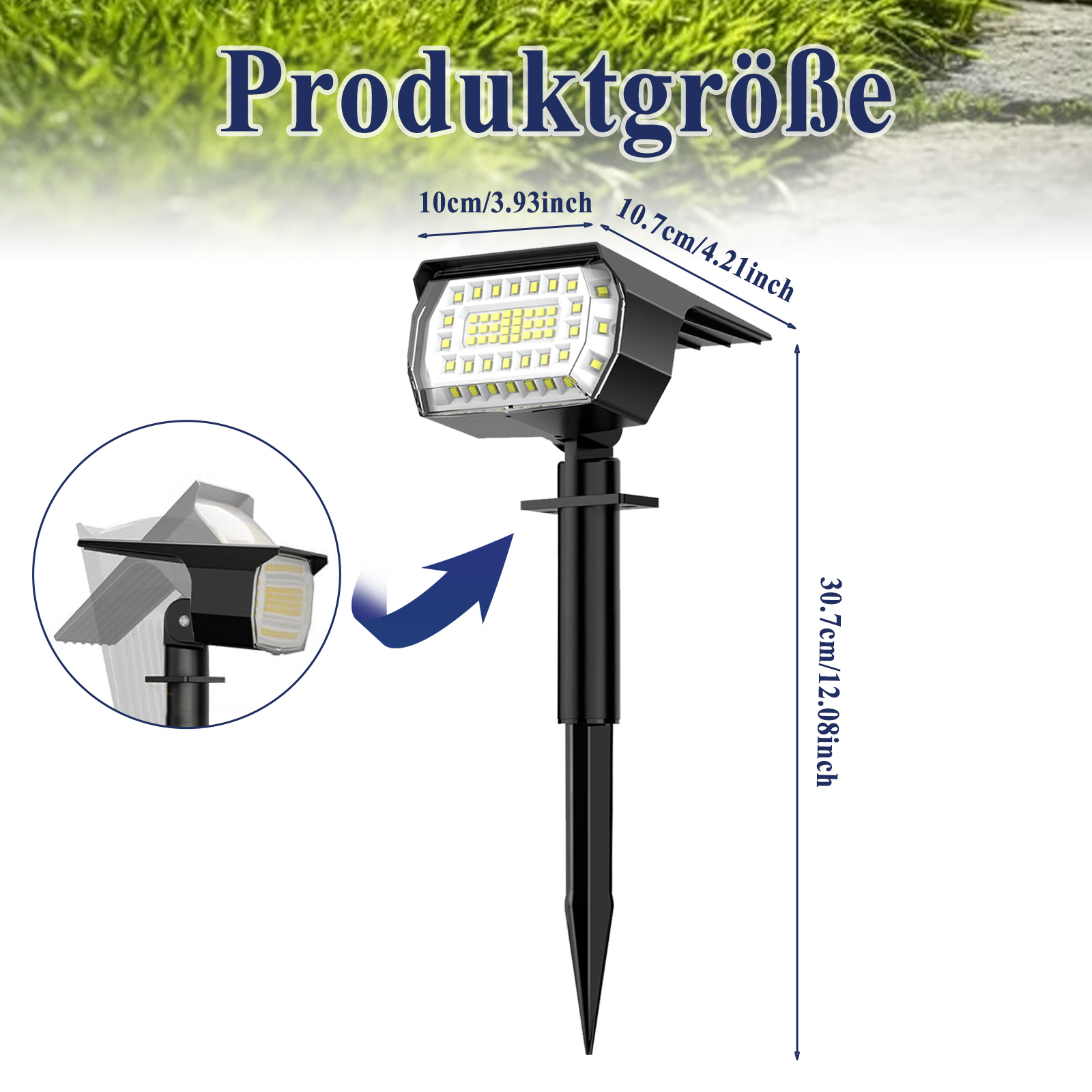 Abmessungen und Nahaufnahme einer schwarzen Solarleuchte mit Produktabmessungen.